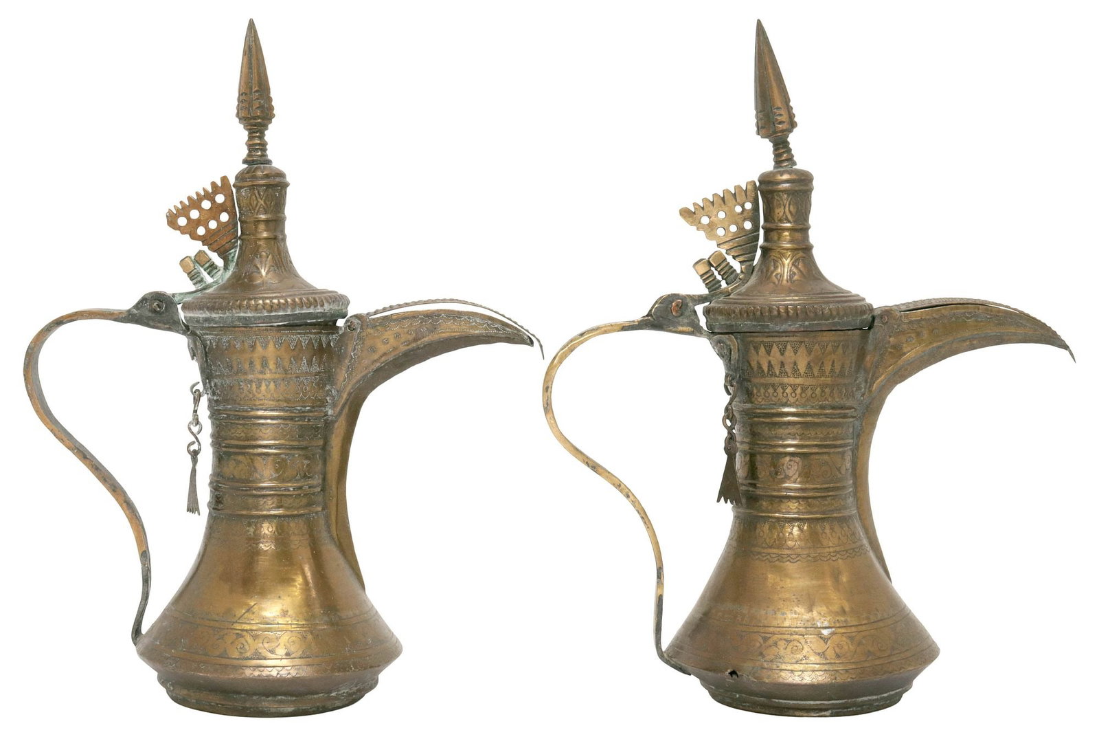 (2) MIDDLE EASTERN ARABIC BRASS DALLAH COFFEE POTS (1 of 7)