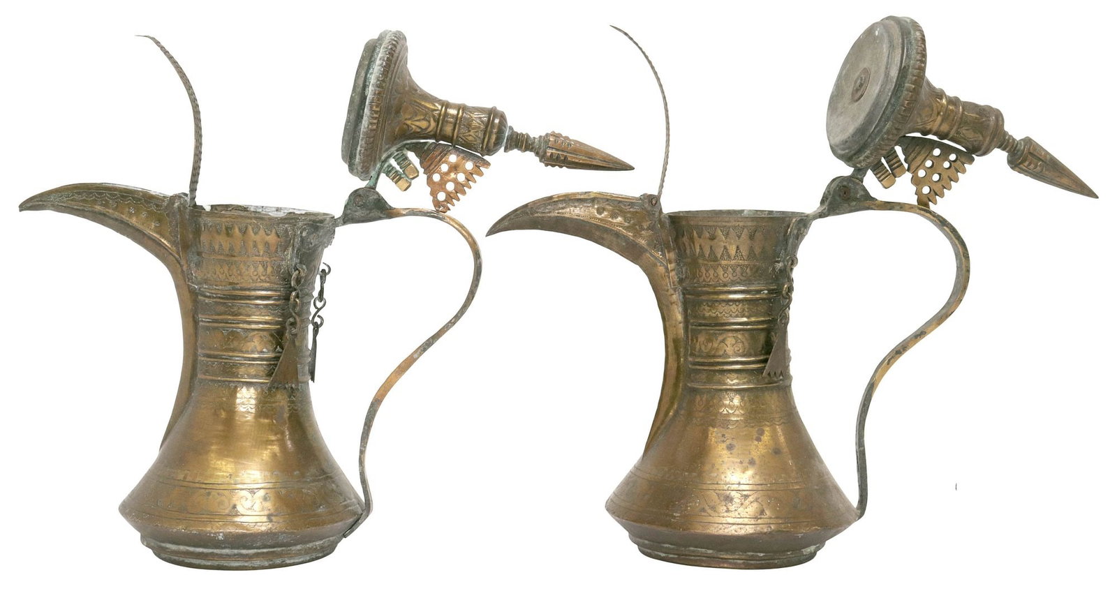 (2) MIDDLE EASTERN ARABIC BRASS DALLAH COFFEE POTS - 2