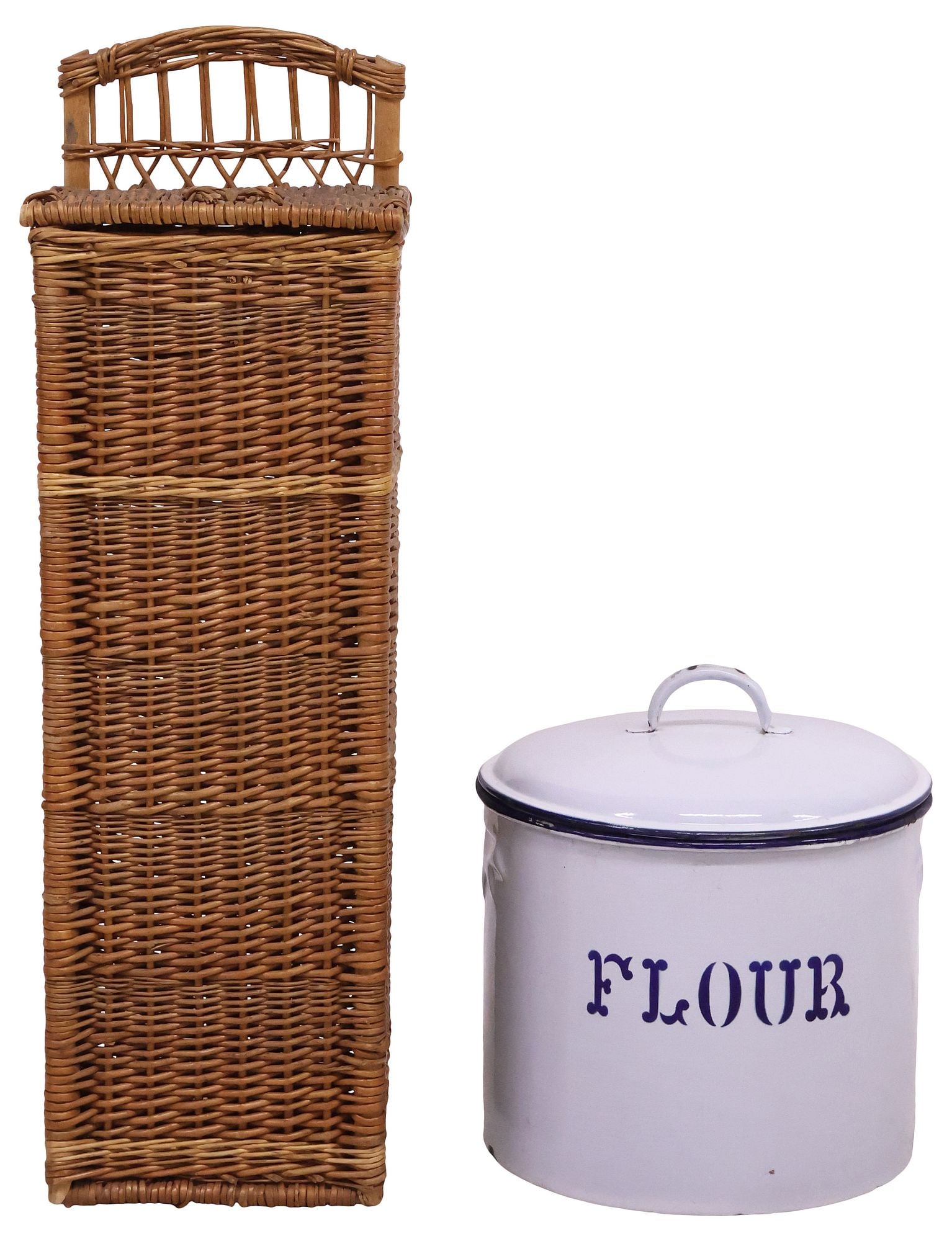 (2) FRENCH & ENGLISH KITCHENWARE, BREAD BASKET & FLOUR CANISTER: (lot of 2) Rustic kitchenware, including: (1) French wicker baguette basket, approx 32 5/8"h, 9.75"w, 8.75"d; (1) English enameled cast iron lidded kitchen cannister, labeled "Flour," with starburst i