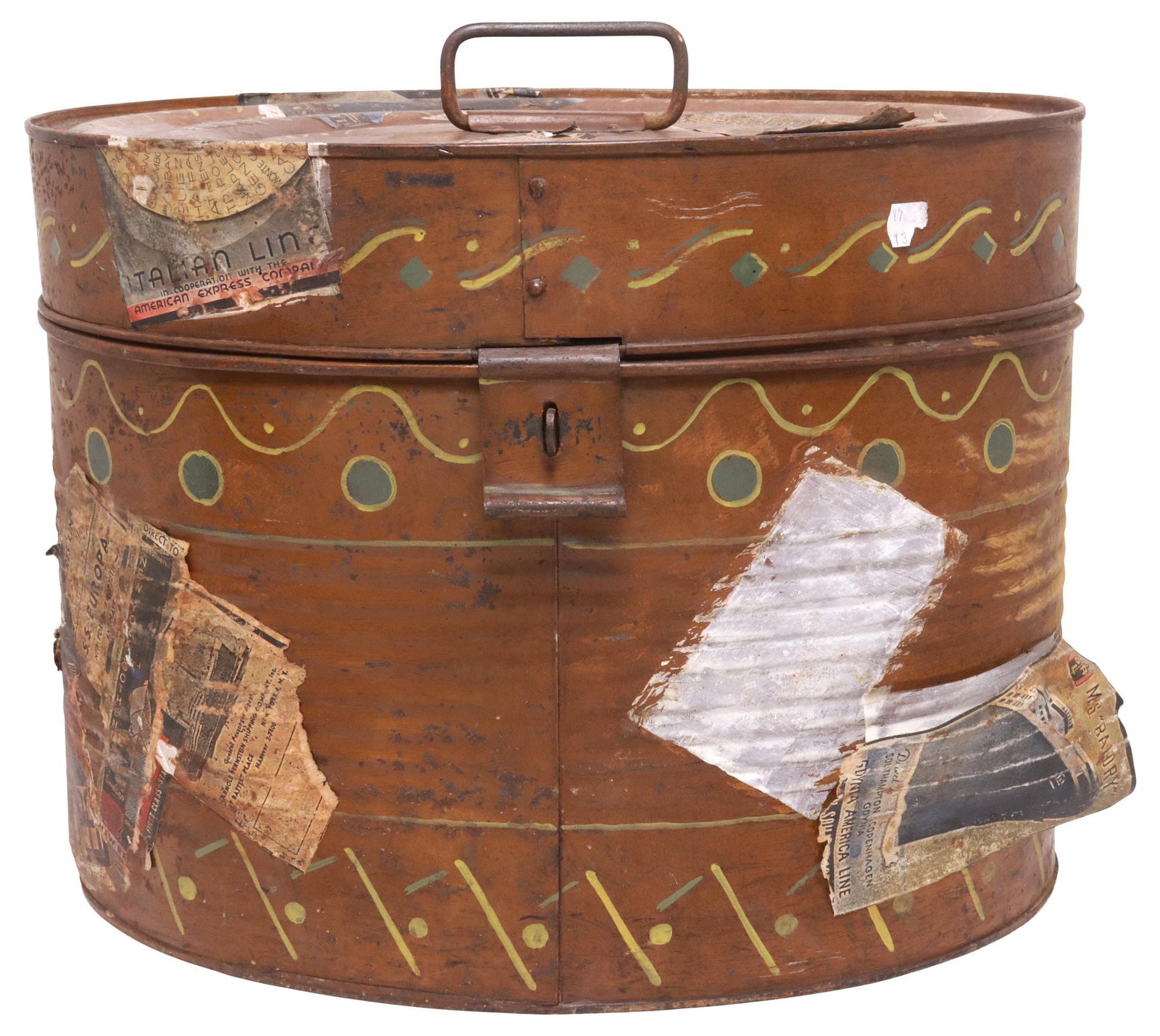 ENGLISH EDWARDIAN TOLE-PAINTED TIN HAT BOX: English Edwardian tole-painted tin hat box, early 20th c., having ovular ribbed body with hinged lid, worn applied labels, approx 13.5"h, 17,75"w, 14"d, 6.25lbs
