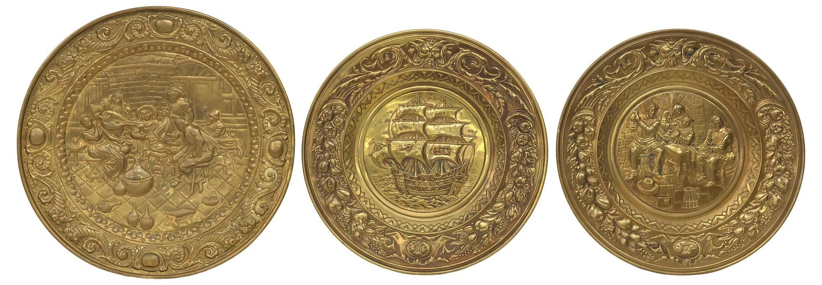 (3) LARGE DUTCH BRASS REPOUSSE WALL-HANGING RELIEF PLAQUES (1 of 5)