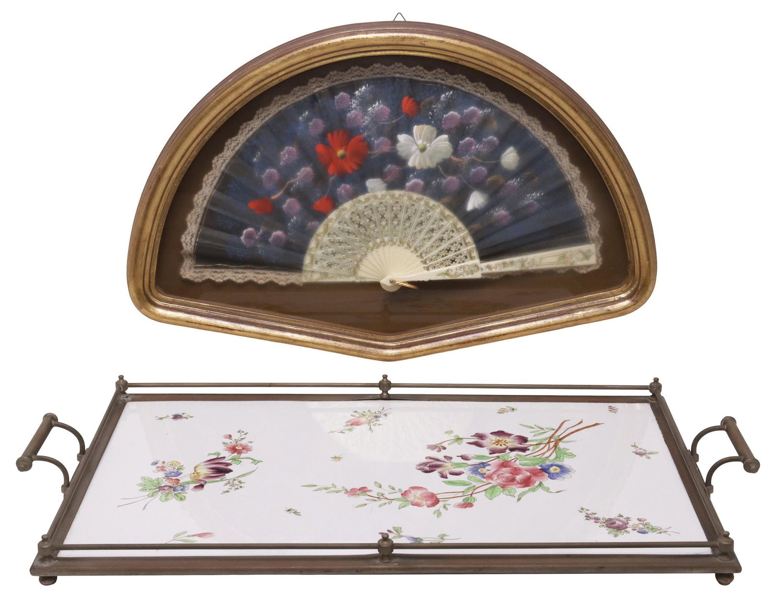 (2) CONTINENTAL SHADOWBOX-FRAMED FAN & ENAMELED PORCELAIN TRAY (1 of 6)