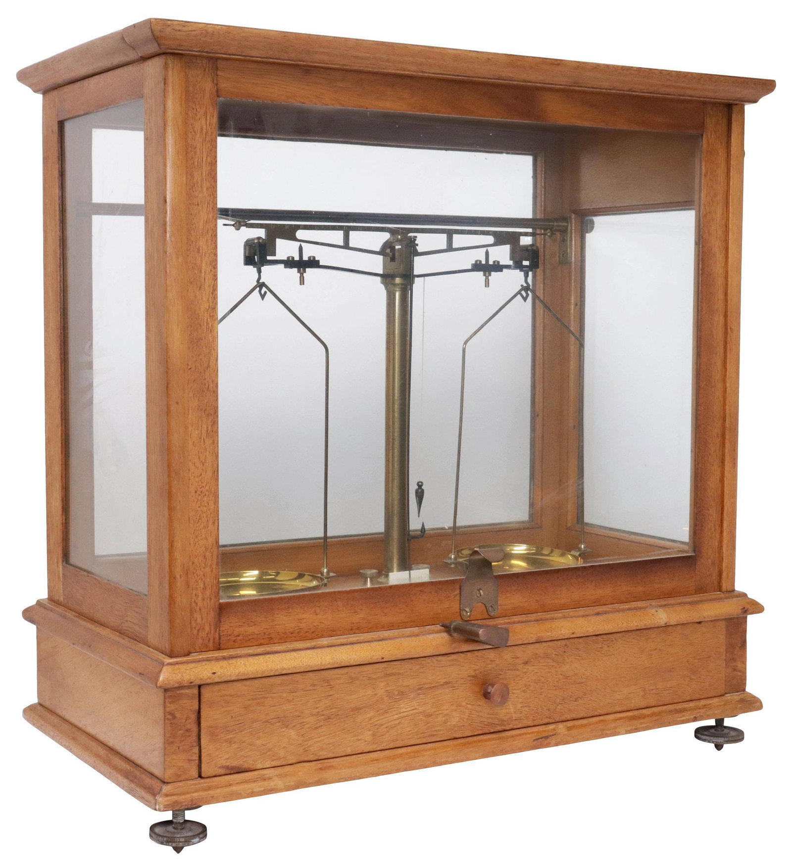 ENGLISH CASED LABORATORY / APOTHECARY SCALES & WEIGHTS: English cased laboratory or pharmacy scales, early 20th c., rectangular glazed wood case, housing balance beam scale, above one drawer, accompanied by fitted box with pair of tweezers and graduated me