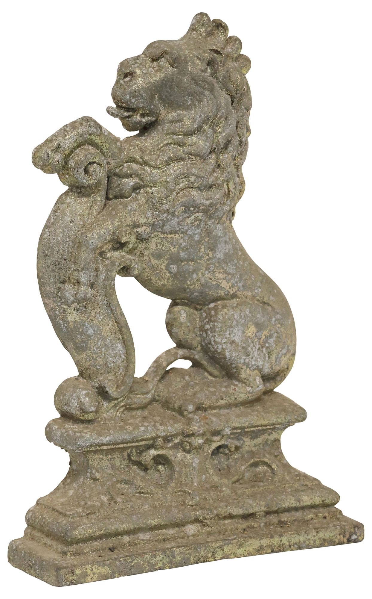 ENGLISH VICTORIAN CAST IRON LION SEJANT-RAMPANT DOOR PORTER: English Victorian cast iron door porter, late 19th c., modeled as a lion sejant-rampant, rising on a plinth base, in a silver-tone painted finish, approx 14.5"h, 10"w, 2.75"d, 12.75lbs