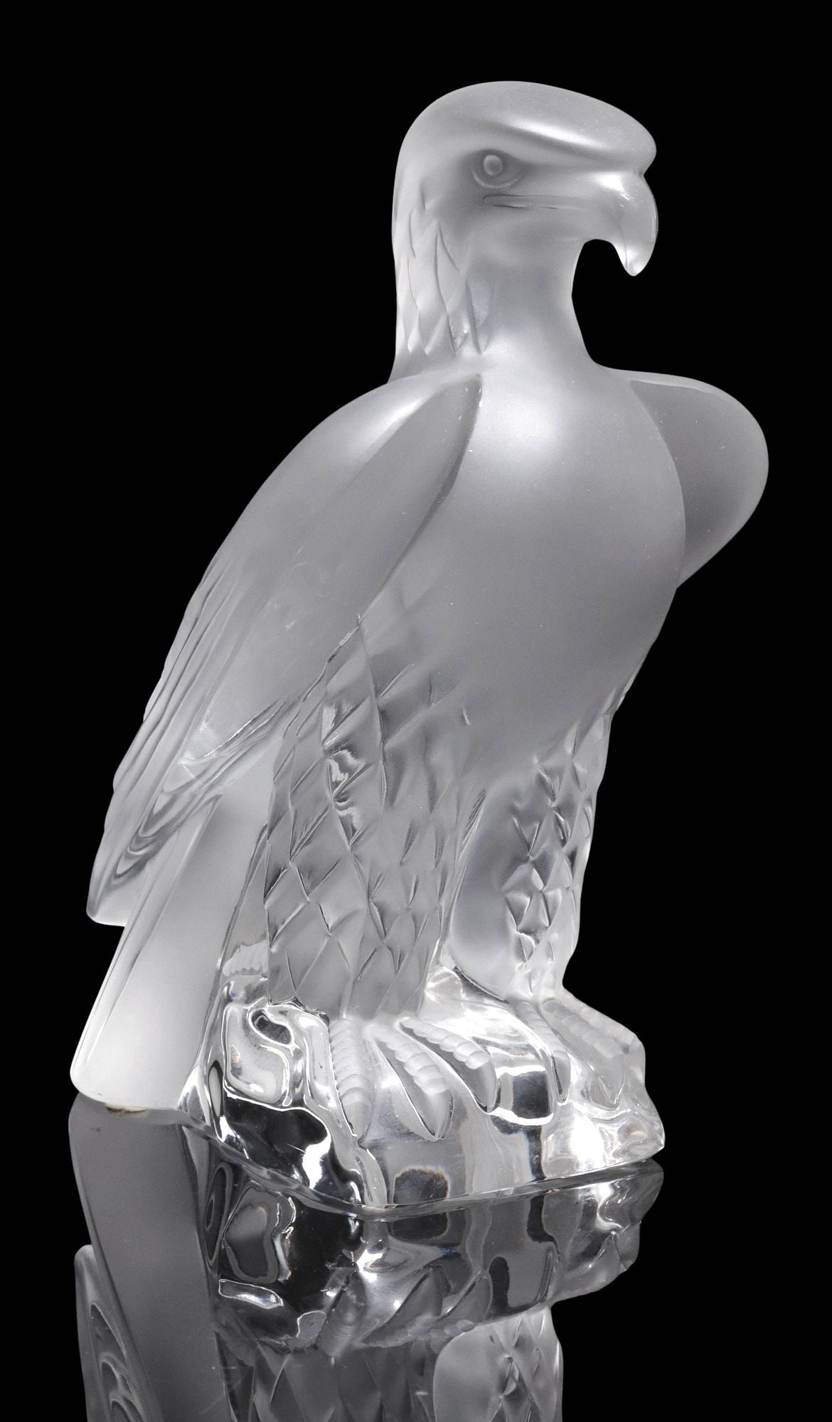 FRENCH LALIQUE FROSTED & CLEAR CRYSTAL 'LIBERTY EAGLE' FIGURE: Lalique frosted and colorless art crystal sculpture, "Liberty Eagle," engraved signature Lalique France underfoot, retaining adhesive Made in France label, approx 9.25"h, 5.5"w, 6"d, 9lbs **Provenance