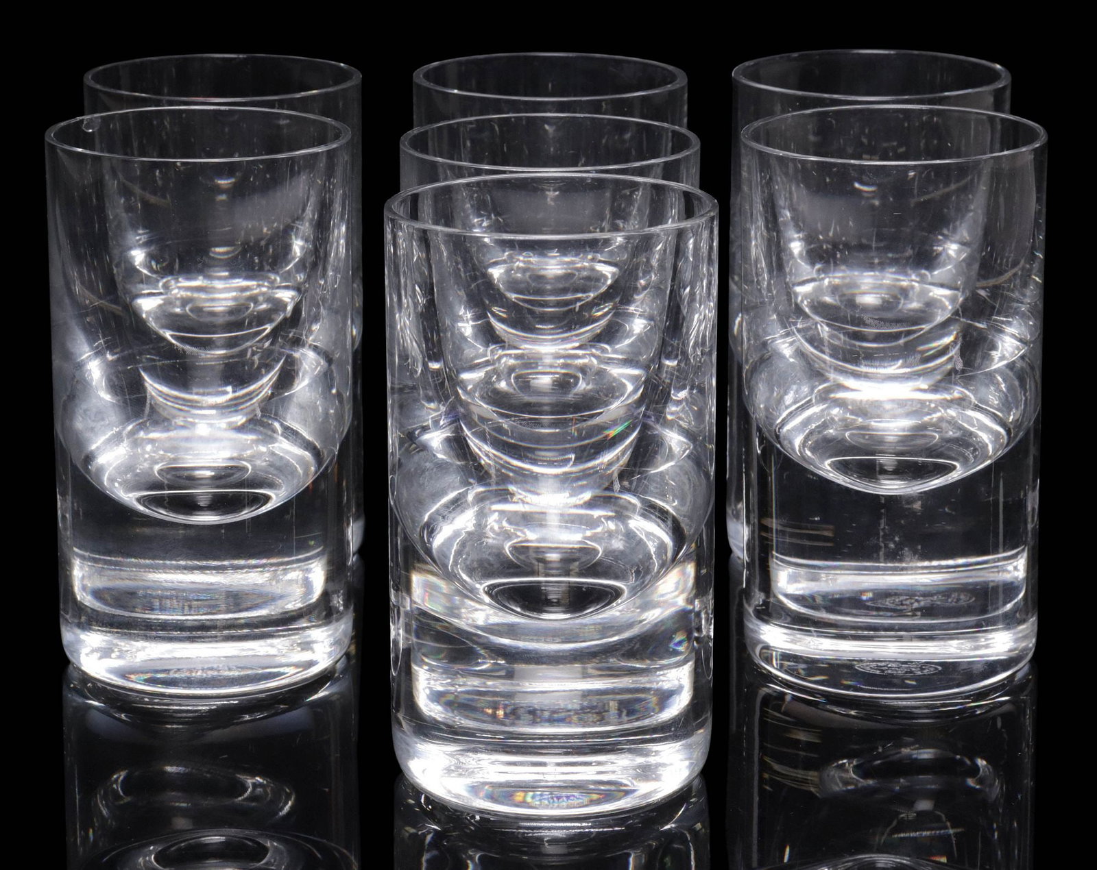 (7) ROBERTO SAMBONET (1924-1995) FOR BACCARAT TIR BAR GLASSES: (lot of 7) French crystal tumblers/ glasses, TIR Bar model, Roberto Sambonet (Italian, 1924-1995) for Baccarat, with acid-etched mark underfoot, approx 4 3/8"h, 2.25"diam, 8lbs total **Note: Four lots