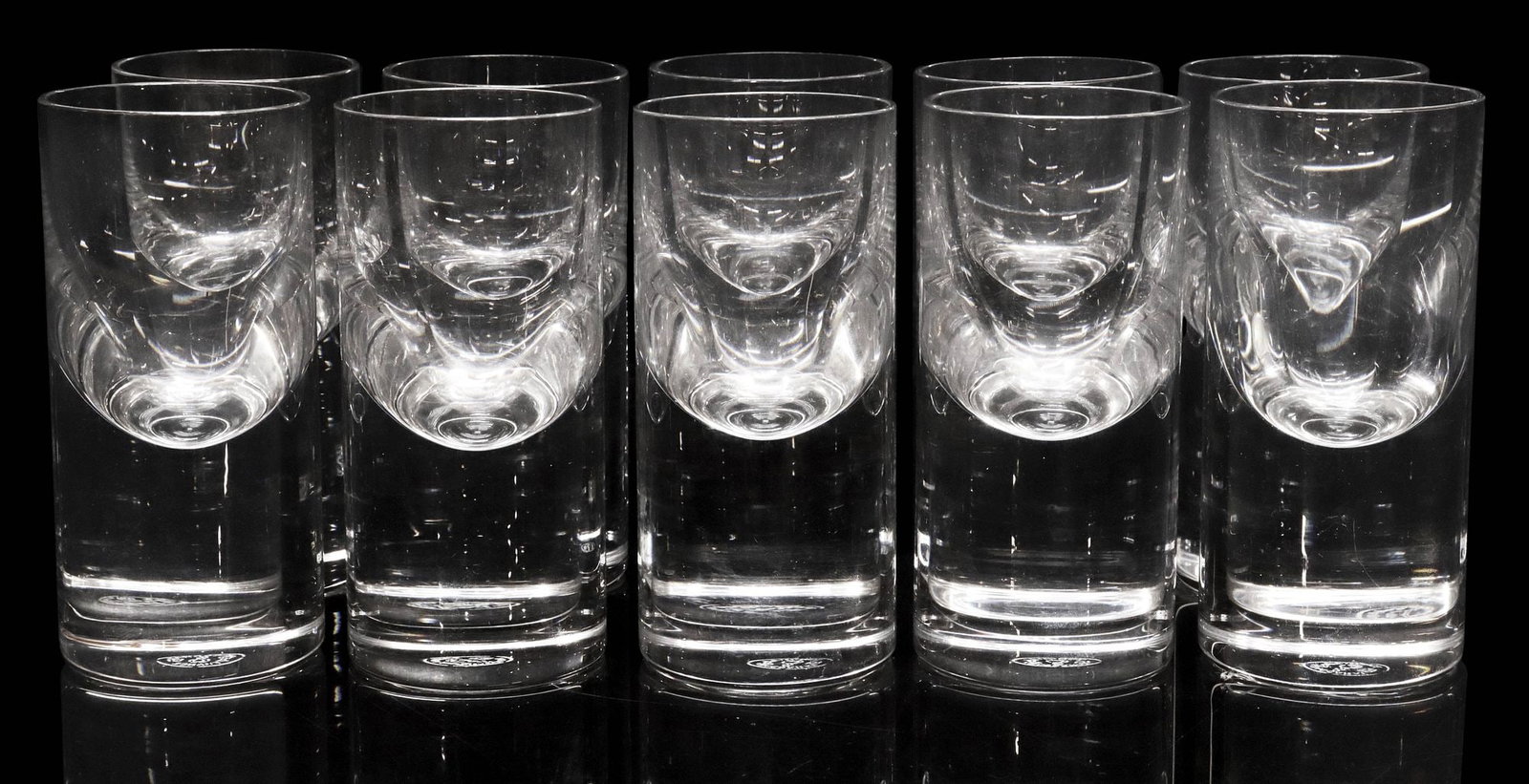 (10) ROBERTO SAMBONET (1924-1995) FOR BACCARAT CRYSTAL TIR BAR GLASSES: (lot of 10) French crystal glasses, TIR bar model, Roberto Sambonet (Italian, 1924-1995) for Baccarat, plain bowl, weighted foot with acid-etched maker's mark underfoot, approx 4.5"h, 2"diam, 10.25lbs