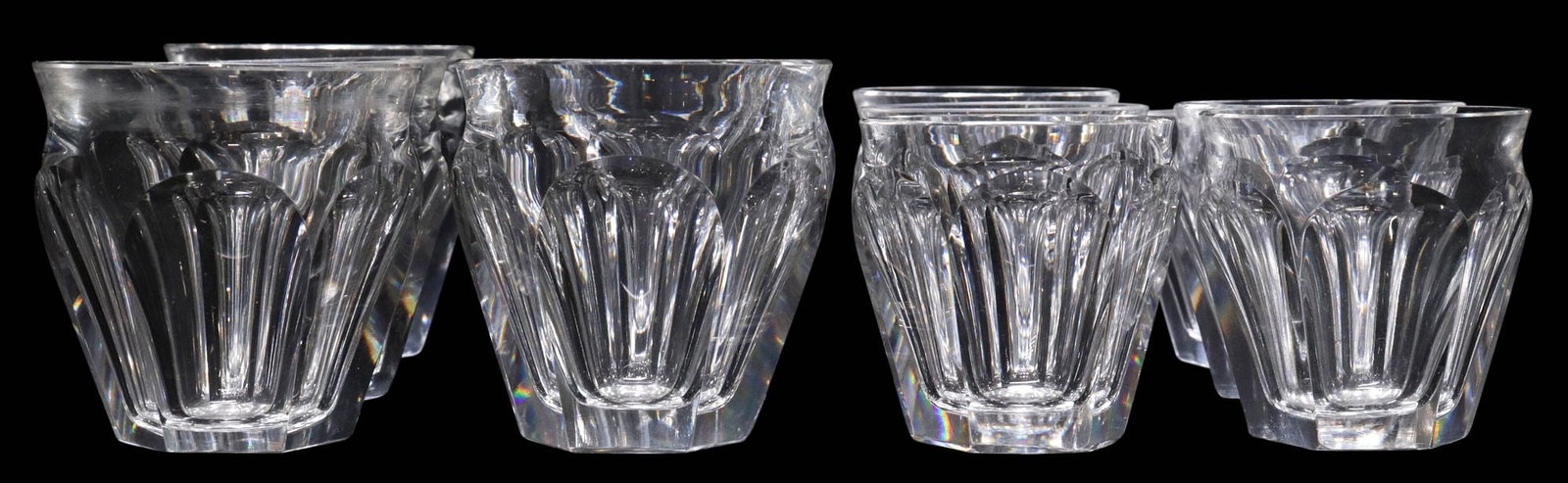 (11) BACCARAT CUT CRYSTAL 'HARCOURT TALLEYRAND' SHOT GLASSES & TUMBLERS: (lot of 11) French Baccarat crystal glasses, in the Harcourt Talleyrand" pattern, each with acid-etched mark underfoot, including: (5) small tumblers, approx 2.5"h, 2 3/8"diam, (6) shot glasses, appro