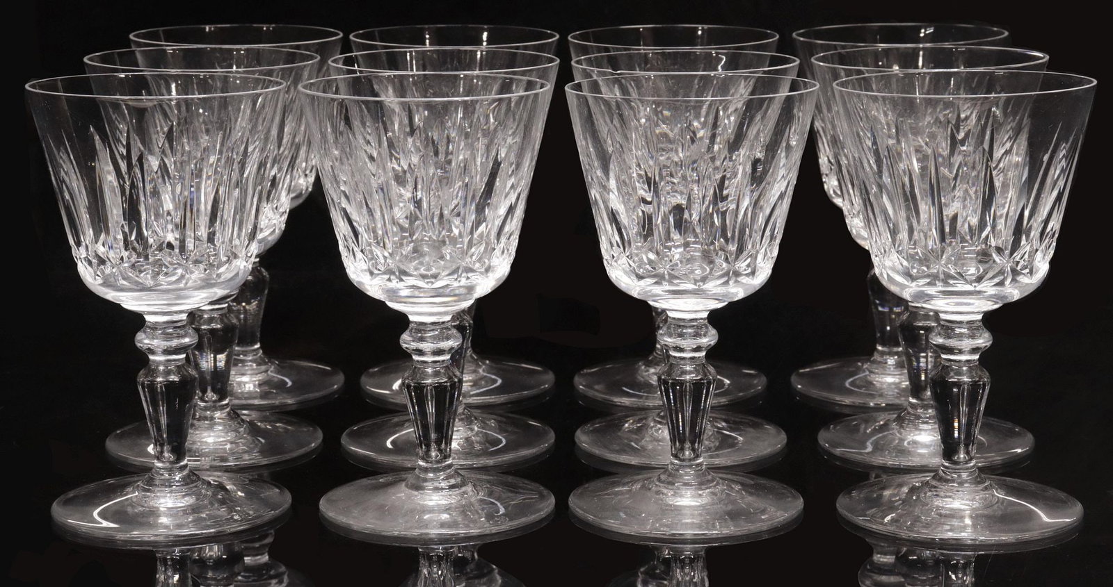 (12) FRENCH BACCARAT "ILE DE FRANCE" CUT CRYSTAL PORT WINE GLASSES: (lot of 12) French Baccarat cut glass crystal port wine glasses, in the "Ile de France" pattern, acid etched maker's mark underfoot, (one) intact with minor rim chip, 5"h, 2 7/8" diam, 5lbs total **No