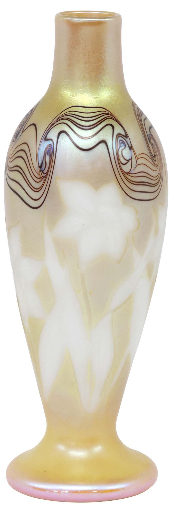 ORIENT & FLUME IRIDESCENT GOLD ART GLASS DAFFODIL & SWIRL VASE (1 of 7)
