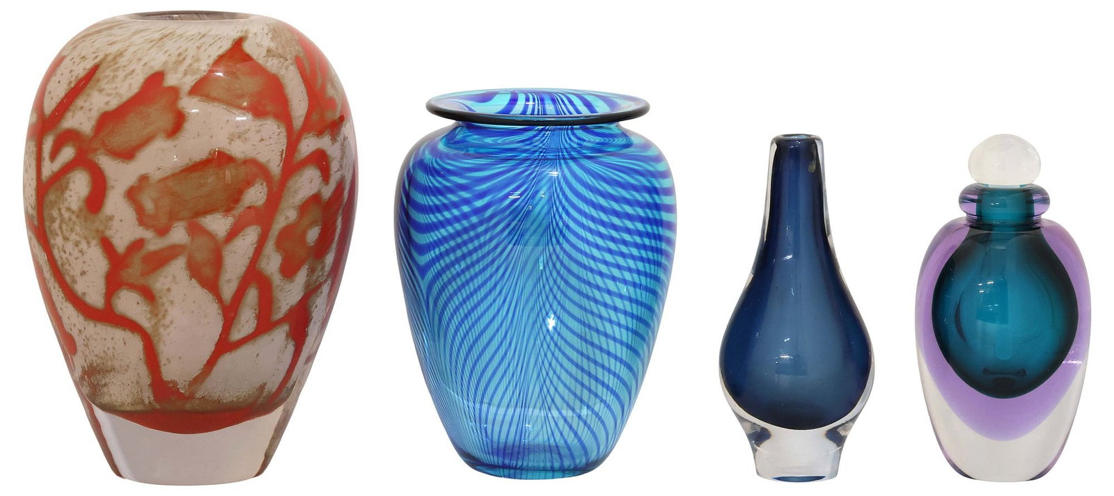(4) KOSTA BODA & BETTINA FOOTHORAP (20TH C.) ART GLASS VASES & SCENT BOTTLE: (lot of 4) Decorative art glass table articles, each with etched signature underfoot, including: (2) Kosta Boda, (one) paperweight vase, designed by Olle Brozen (Swedish, b.1963), from the "Floating F