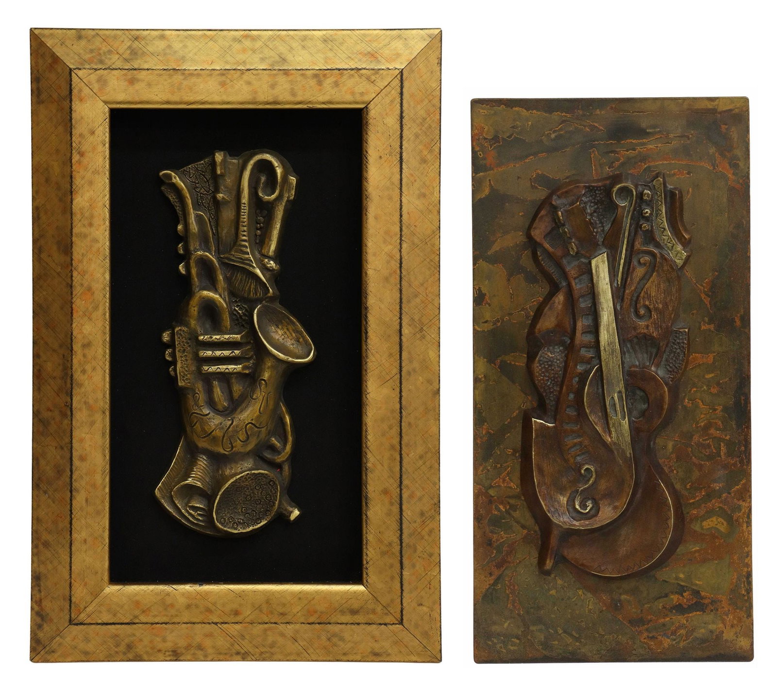 (2) WARREN CULLAR (TEXAS, B.1942) BRONZE RELIEF PLAQUES, INSTRUMENTS: (lot of 2) Cast bronze relief plaques, each signed in cast Cullar (Clifford Warren Cullar, Texas, New Mexico, b.1942), dated [20]04, depicting overlapping instruments, including: (1) Brass, numbered 4