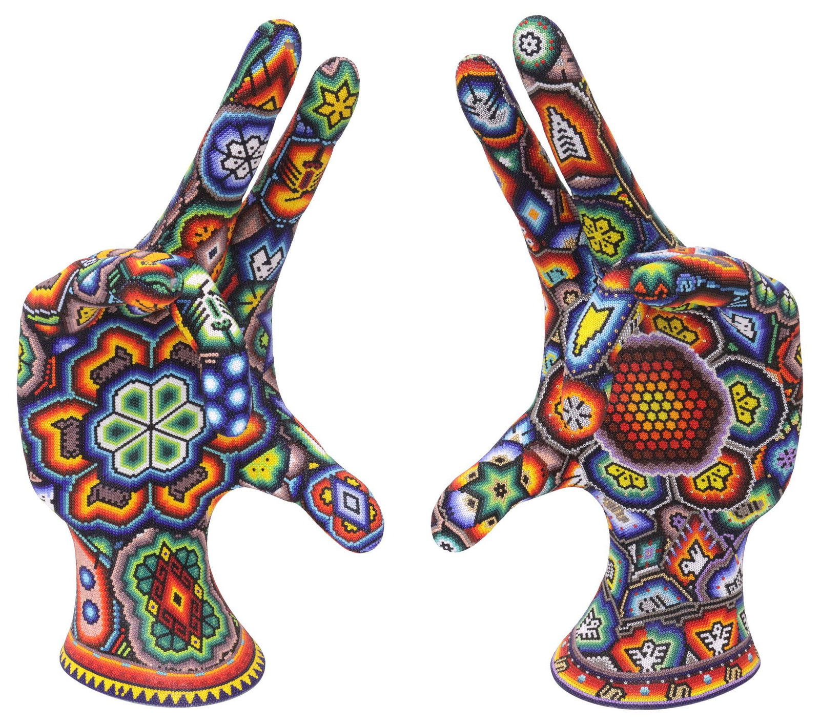 CHROMA AKA RICK WOLFRYD (B.1953), 'LOVE TEMPLE': Huichol style color beaded two-part vinyl sculpture, "Love Temple," Chroma aka Rick Wolfryd (Richard Wolfryd, California/ Mexico, b.1953), signed, titled, numbered AP, and dated 2026 underfoot, each h