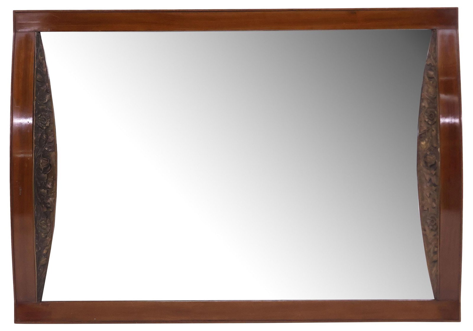 ART NOUVEAU PERIOD METAL-MOUNTED MAHOGANY BEVELED MIRROR: Art Nouveau mahogany wall mirror, early 20th c., rectangular frame with curved metal appliques, depicting flowers and foliate scrollwork, centering beveled mirror plate, approx 43.75"h, 30.75"w, 43lbs