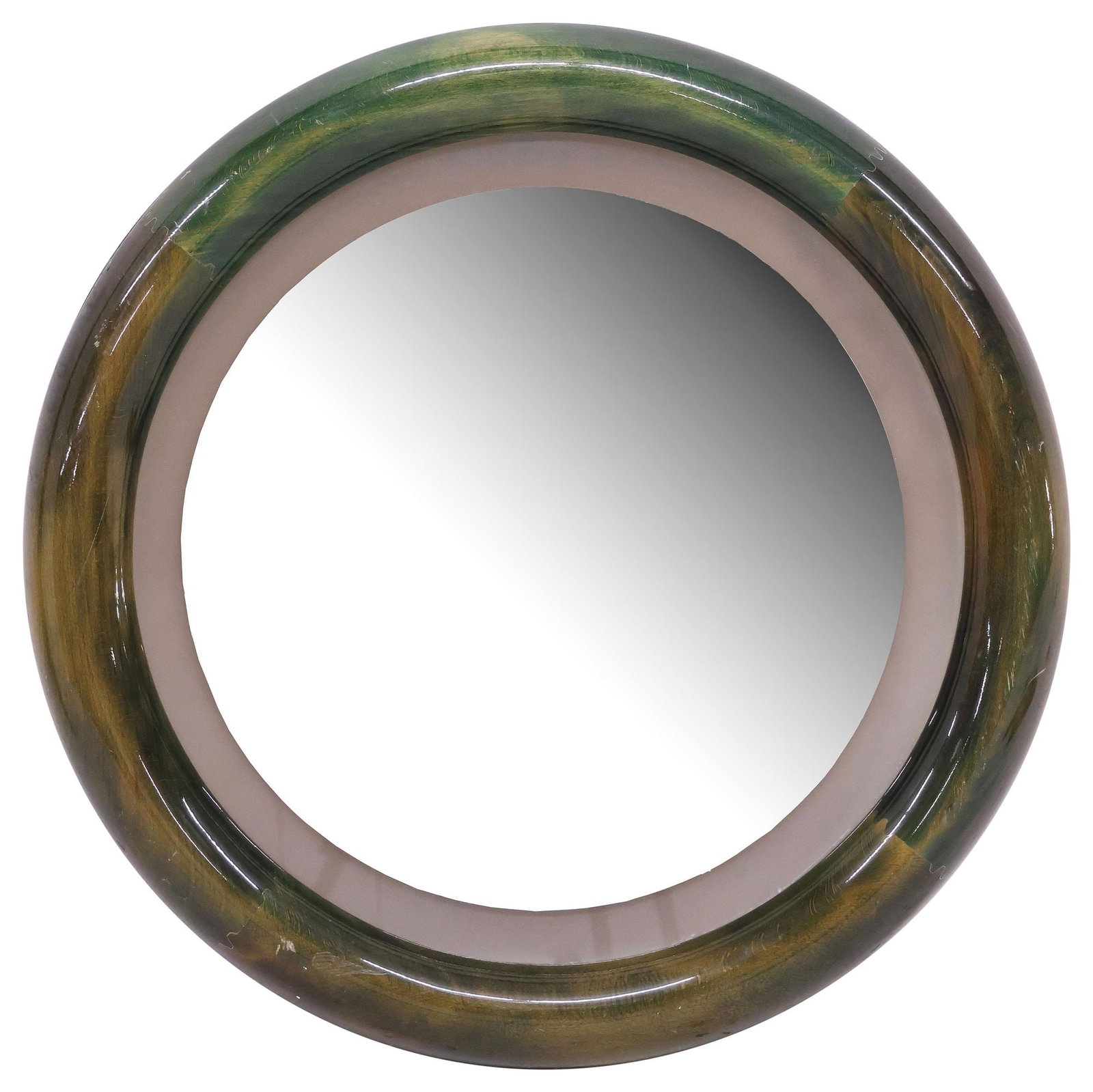 ITALIAN MID-CENTURY MODERN ILLUMINATED GREEN WALL MIRROR: Italian mid-century modern illuminated wall mirror, c.1950s, having circular green lacquered frame, encasing frosted shade and flat mirror plate, in need of wiring, approx 29"diam, 32lbs