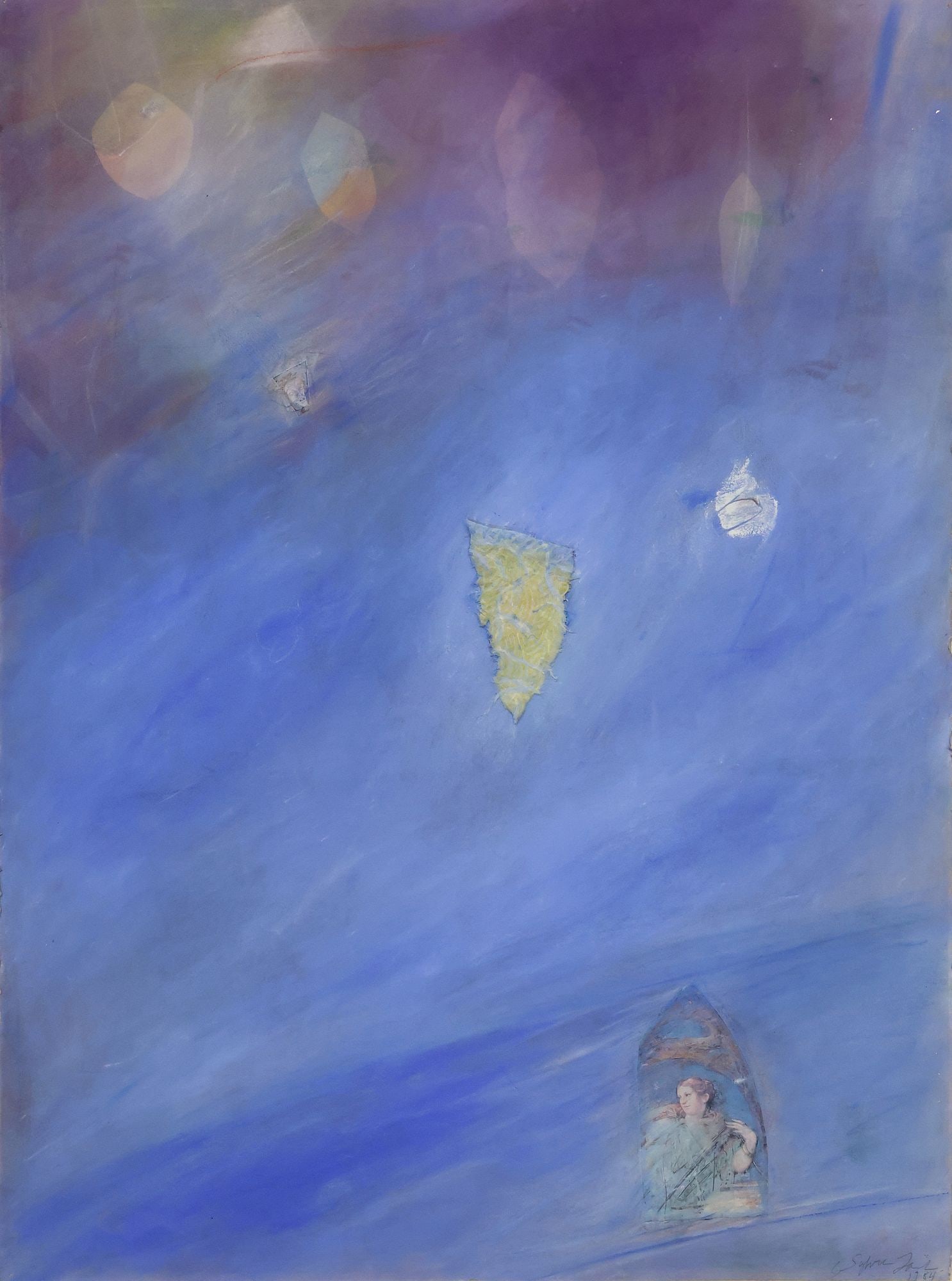 SYLVIA LARK (D.1990) MIXED MEDIA ABSTRACT ON PAPER, 'BLUE ANGEL,' 29.5" X 22": Framed mixed media with pastel on paper, "Blue Angel," signed lower right Sylvia Lark (Seneca, active in New York and California, 1947-1990), sated 1984, retaining Jeremy Stone Gallery, San 