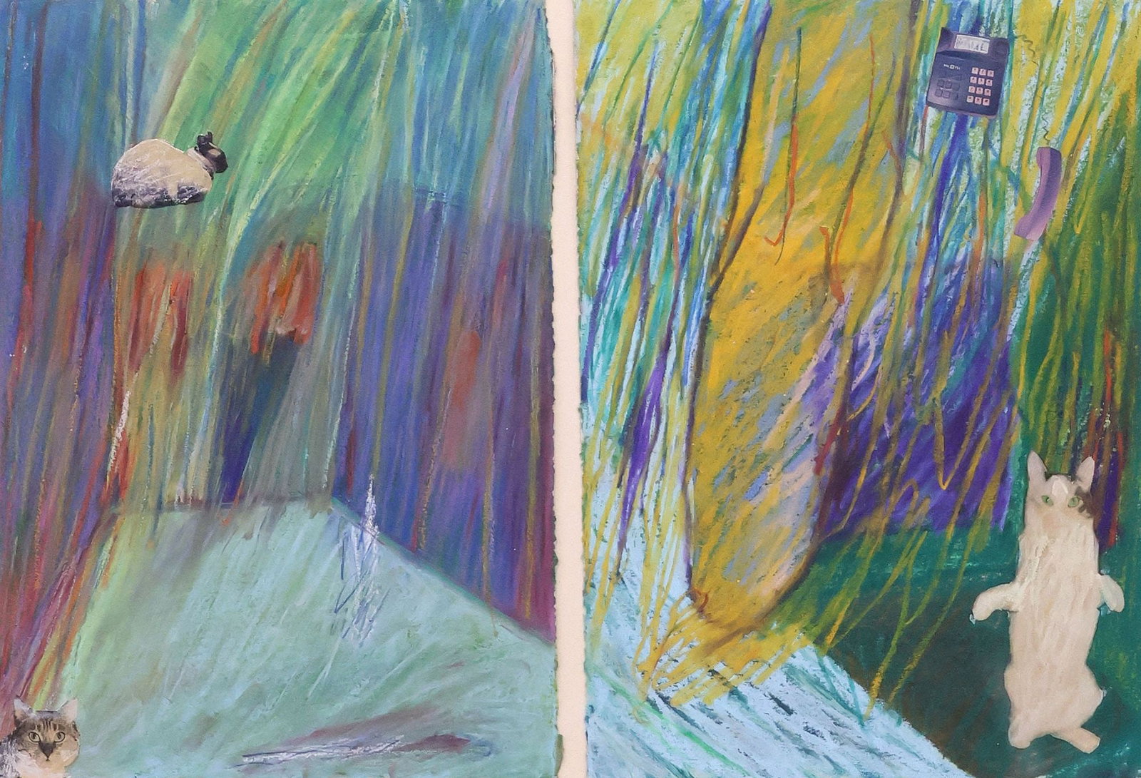 SYLVIA LARK (D.1990) OIL PASTEL & COLLAGE DIPTYCH, 'TWO VIEWS OF PAUL W': Framed oil pastel diptych with collage on paper, "Two Views of Paul W.," mat signed lower right Sylvia Lark (Seneca, active in New York and California, 1947-1990), dated 1986, inscribed with