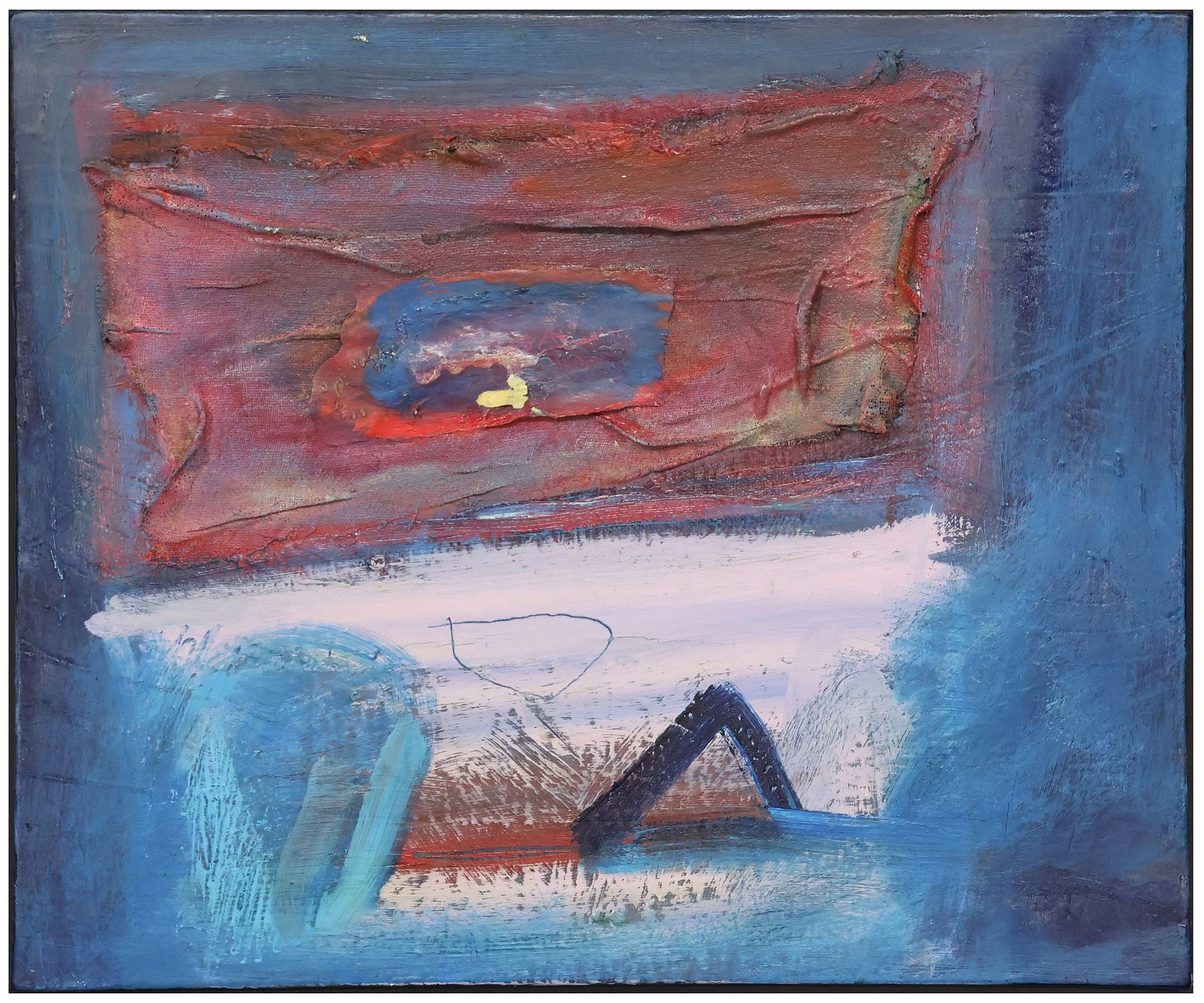 FRAMED MIXED MEDIA ON CANVAS, ABSTRACT BLUE COMPOSITION: Framed mixed media on canvas, Abstract Composition, apparently unsigned, canvas affixed to frame with unknown adhesive, canvas: approx 12.5"h, 15.25"w, overall: approx 17.5"h, 20.5"