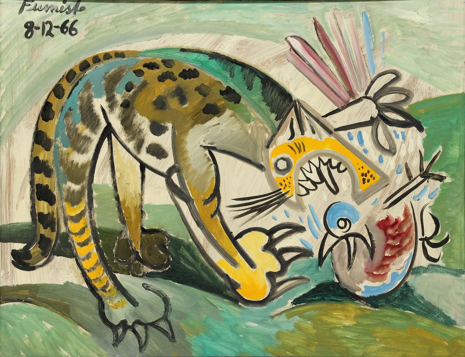 SIGNED FUMISTE CUBIST OIL PAINTING ON BOARD, CAT DEVOURING A BIRD: Framed oil on board painting, Cat Devouring a Bird, signed upper left Fumiste, dated 8-12-[19]66, sight: approx 19.5"h, 25.25"w, overall: approx 24"h, 29.5"w, 5.25lbs **Proven
