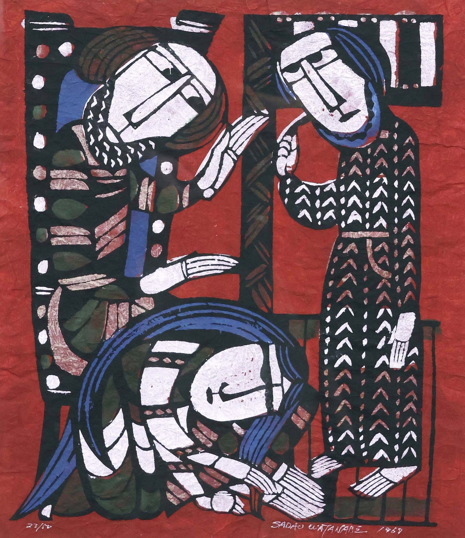 SADAO WATANABE (JAPANESE, D.1996) BIBLICAL MINGEI PRINT, MARY MAGDALENE: Framed relief print with stenciled color on momigami paper, Mary Magdalene Washing the Feet of Christ, signed lower right Sadao Watanabe (Japanese, 1913-1996), numbered 23/ 50, dated 1969, sight: appr