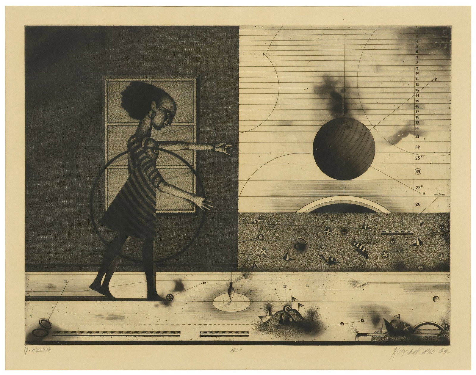 ASSADOUR BEZDIKIAN (LEBANESE, B.1943) SURREALIST ETCHING, 'JEUX': Framed etching on paper, "Jeux (Games)," pencil-signed lower right Assadour (Assadour Bezdikian, Lebanese, b.1943), inscribed lower left p. d'artiste (artist's proof), dated [19]77, 