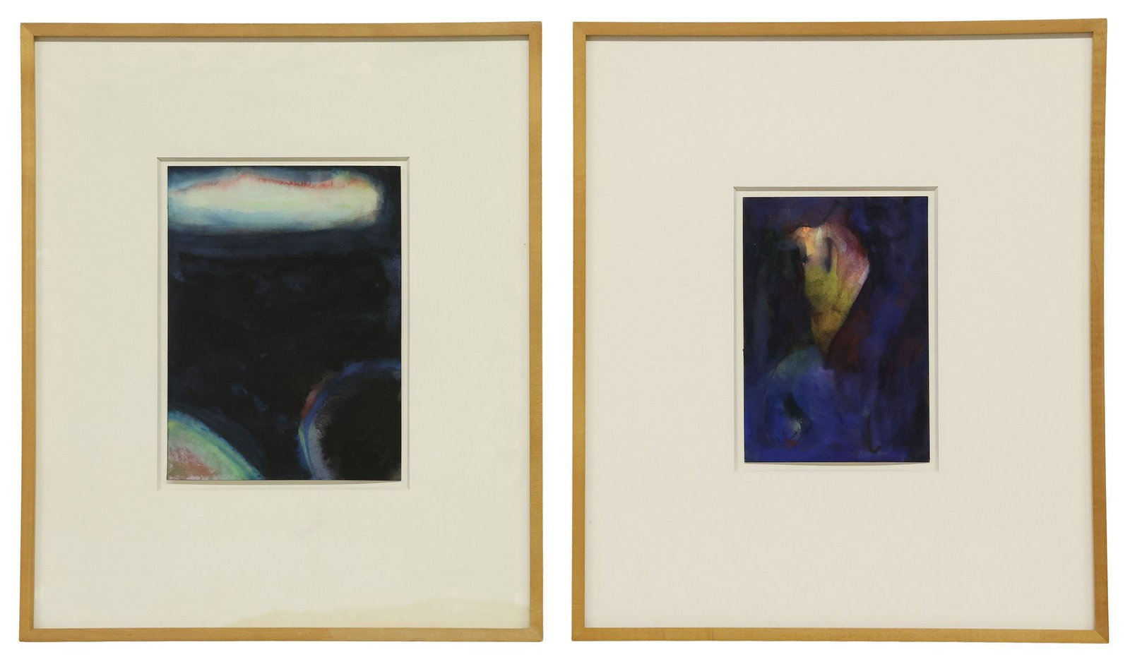 (2) FRAMED WATERCOLOR PAINTINGS, ABSTRACT COMPOSITIONS: (lot of 2) Framed watercolor paintings on paper, both apparently unsigned, including: (1) Blue Abstract, sheet: approx 10.25"h, 7 1/8"w, overall: approx 23 5/8"h, 20.25"w; (1) Rain