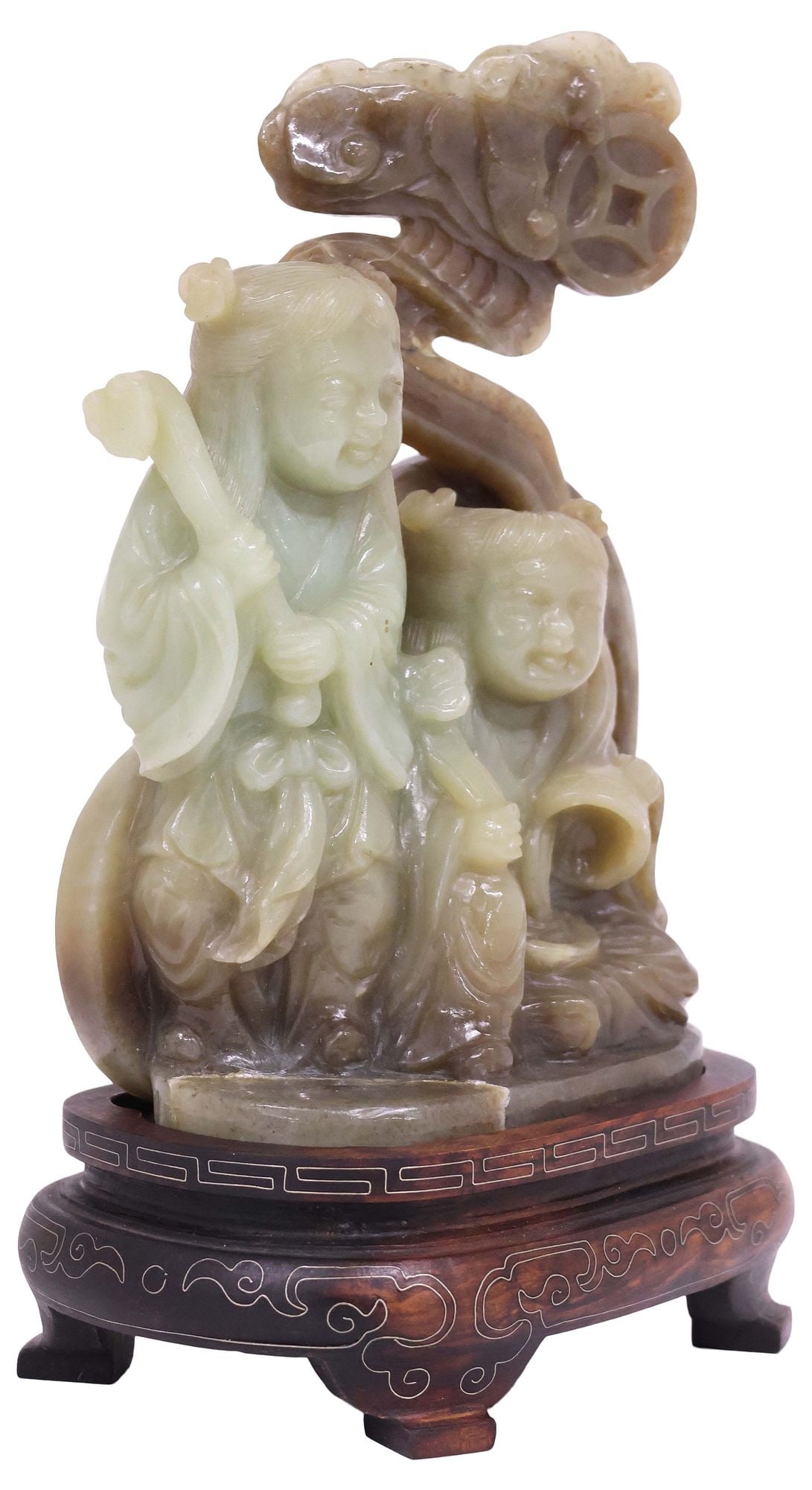 CHINESE CARVED NEPHRITE JADE FIGURE OF CHILDREN ON WOOD BASE (1 of 5)