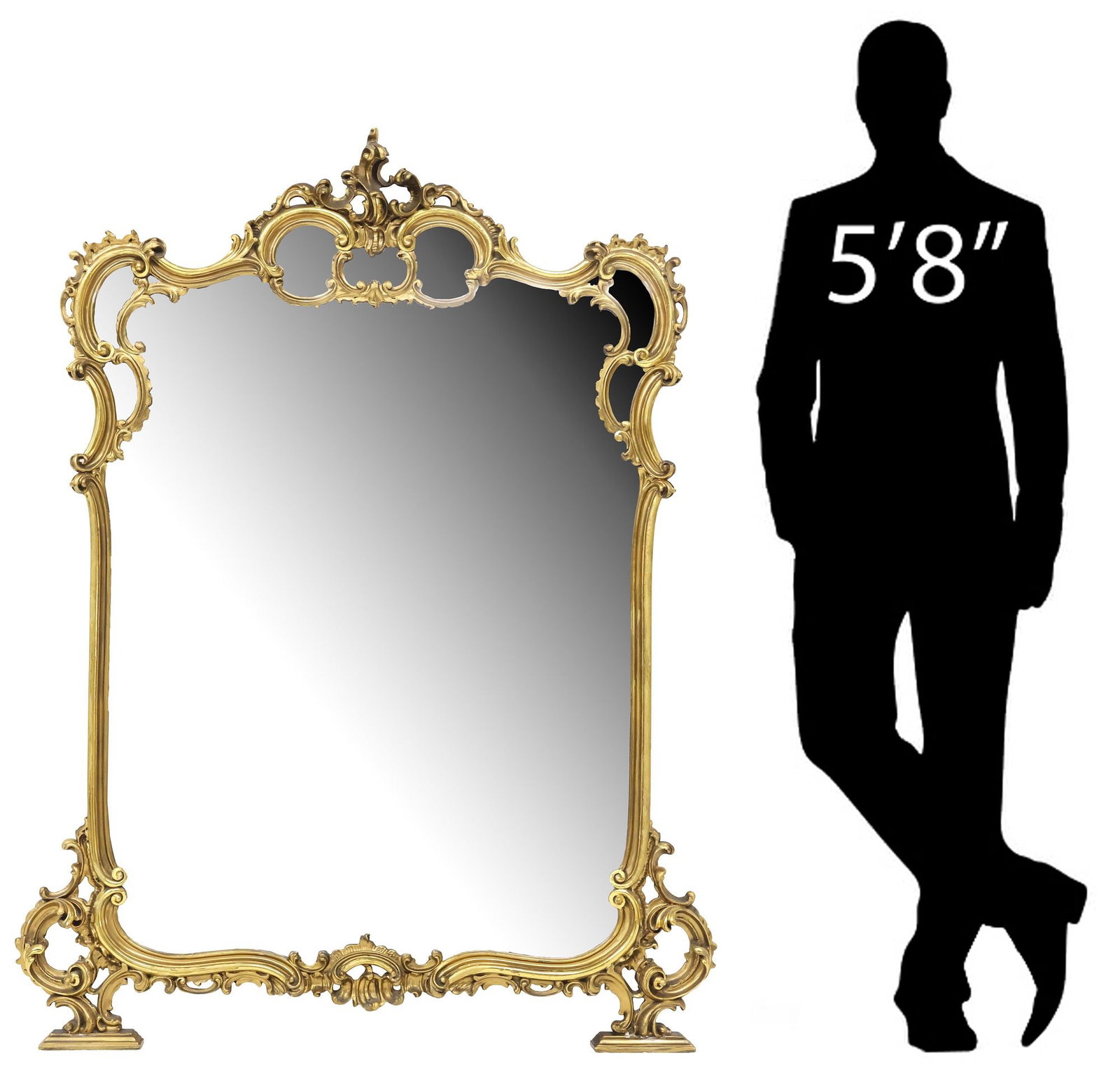 ITALIAN LOUIS XV STYLE SCROLLED GILTWOOD MIRROR, 61"H: Italian Louis XV style giltwood mirror, 20th c., with molded rocaille crest, and shaped frame with foliated scrollwork, encasing flat mirror plate, approx 61"h, 47"w, 50lbs