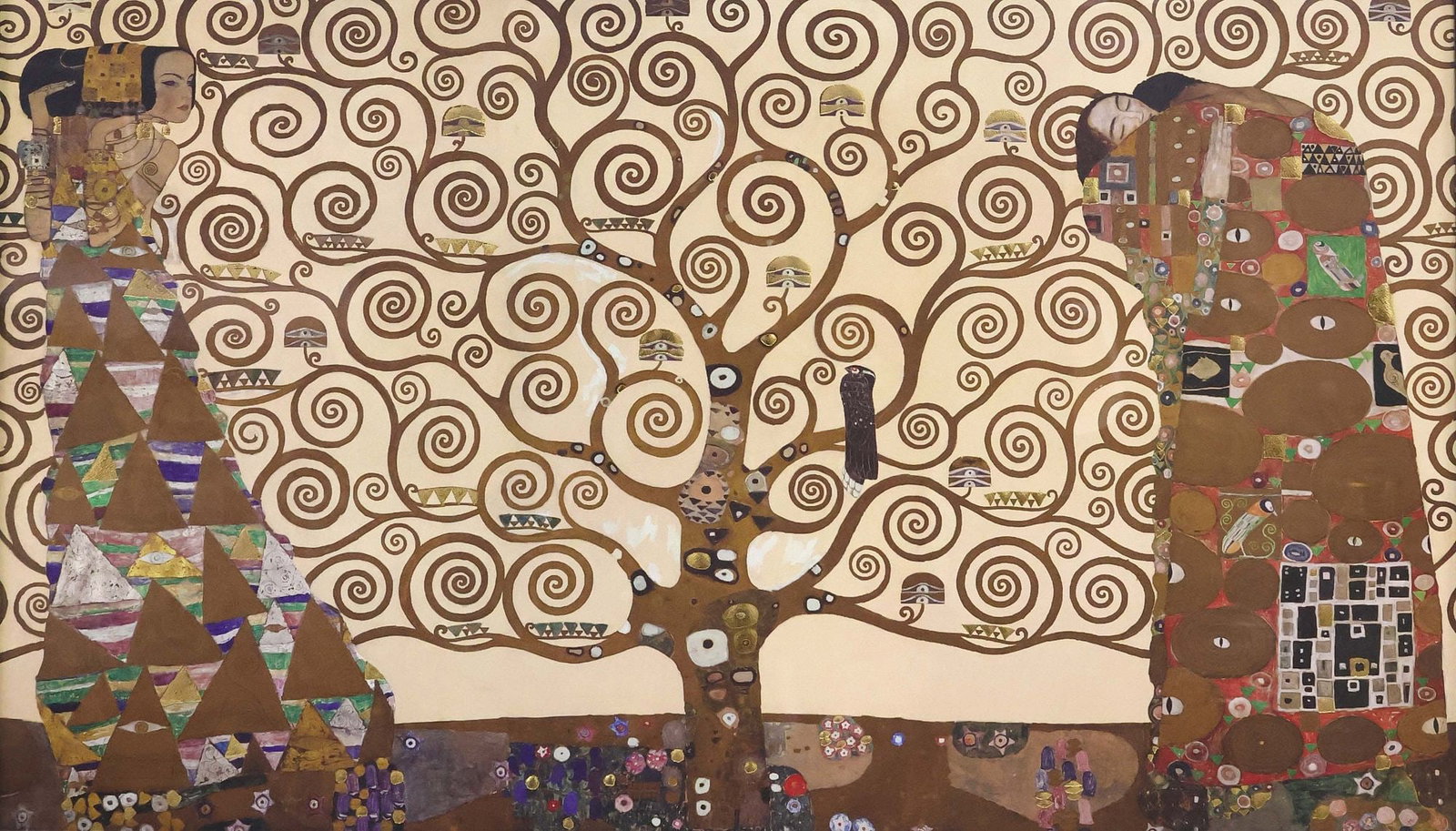 AFTER GUSTAV KLIMT (D.1918) HAND-EMBELLISHED 'TREE OF LIFE' PRINT: Framed hand-embellished serigraph print in colors on paper, "The Tree of Life," after Gustav Klimt (Austrian, 1862-1918), sight: approx 28.75"h, 49.5"w, overall: approx 22"h, 53.75"w, 19lbs