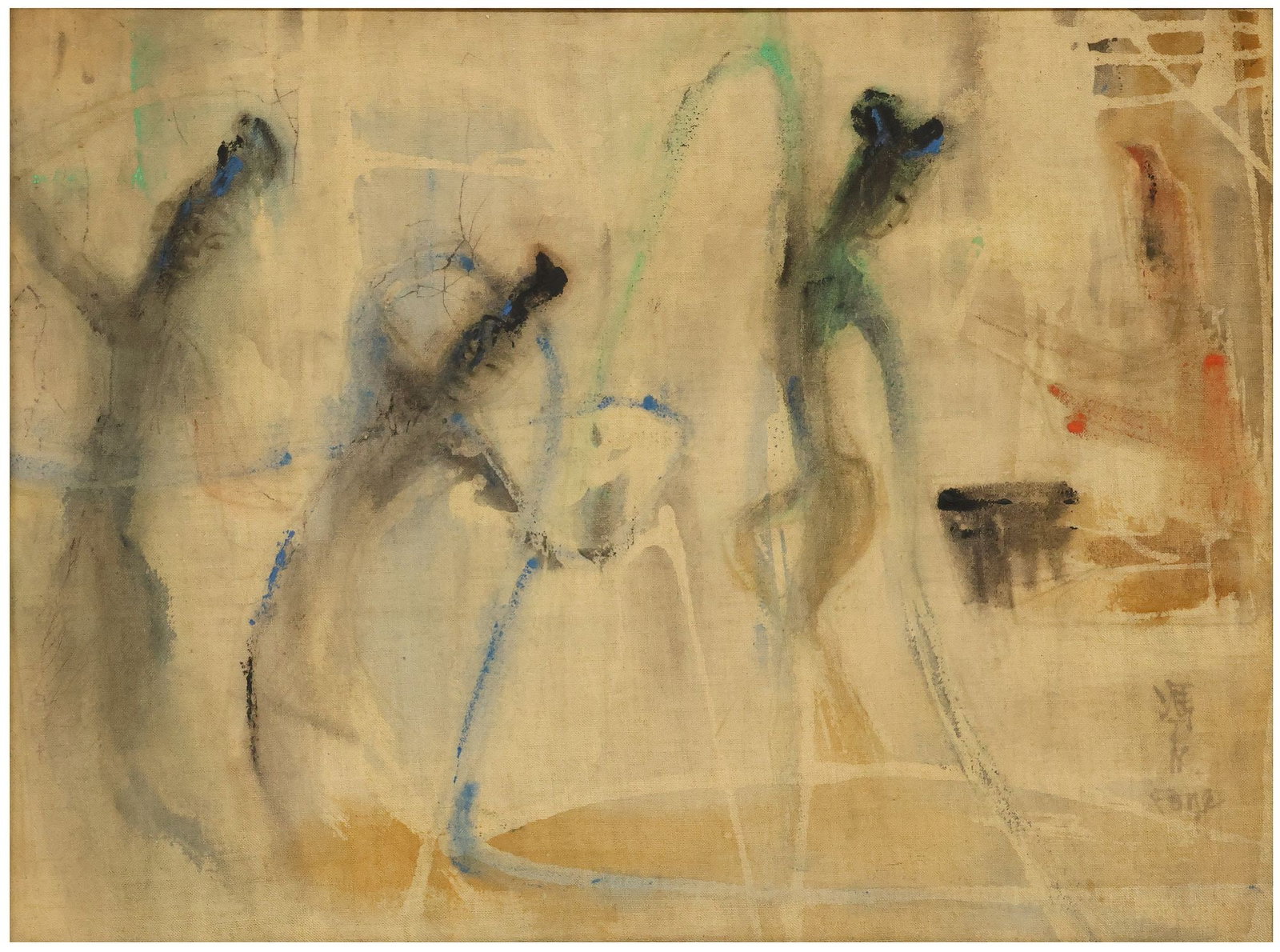 SIGNED FONG CHINESE SCHOOL PAINTING, ABSTRACT FIGURAL COMPOSITION (1 of 3)