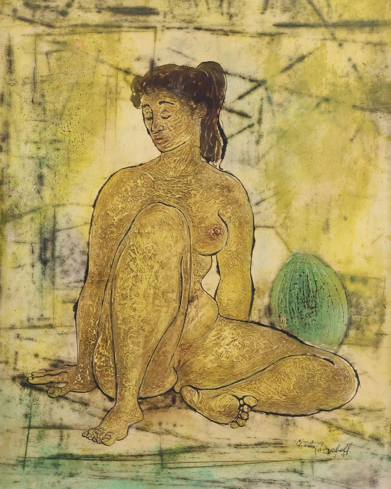 CHARLES MALCOLM CAMPBELL (D.1985) PAINTING, SEATED FEMALE NUDE: Framed oil on board painting, Seated Female Nude with Melon, signed lower right Charles Campbell (Charles Malcolm Campbell, American, 1905-1985), sight: approx 13.5"h, 10.5"w, overall: approx 19.25"h,