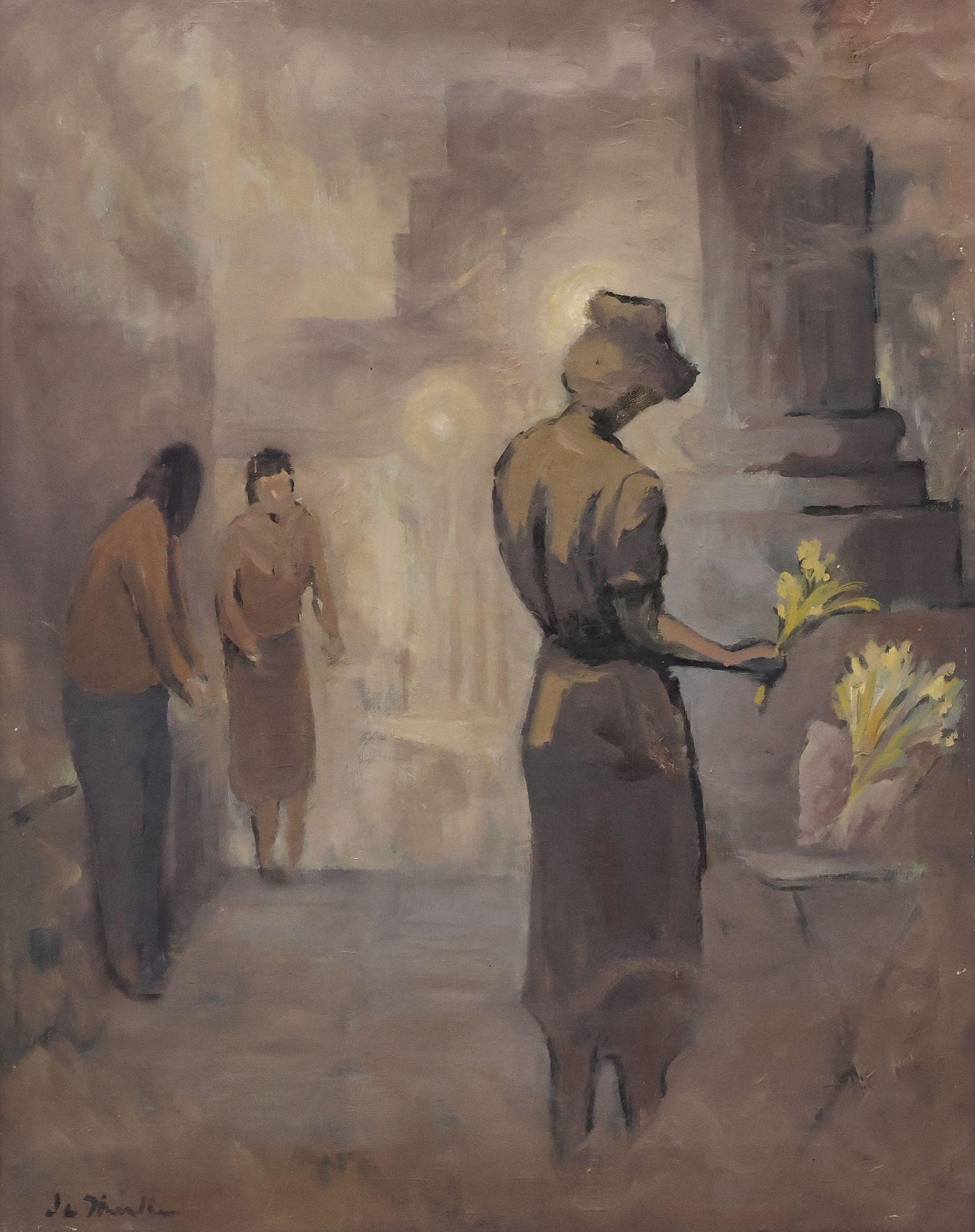 SIGNED EXPRESSIONIST STYLE PAINTING, HAZY INTERIOR WITH FIGURES (1 of 4)