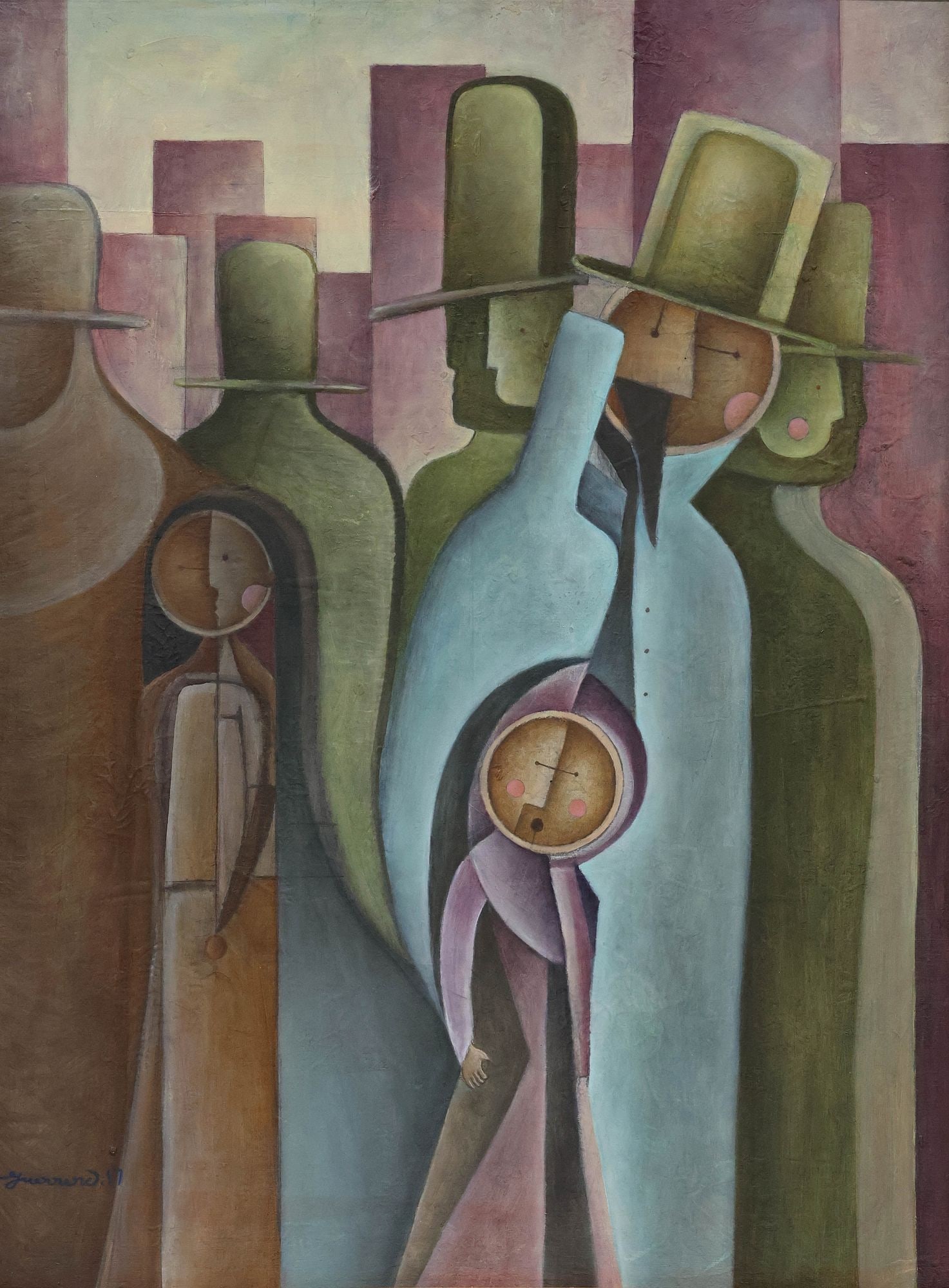 JAVIER GUERRERO (MEXICO, 20TH C.) CONTEMPORARY PAINTING, 'CROWD OF FIGURES': Framed oil on canvas painting mounted to board, "Crowd of Figures," signed lower left Guerrero (Javier Guerrero, Mexico, 20th c.), dated [20]17, inscribed verso 16.12.17, Javier Guerrero, Xalapa, Ver.