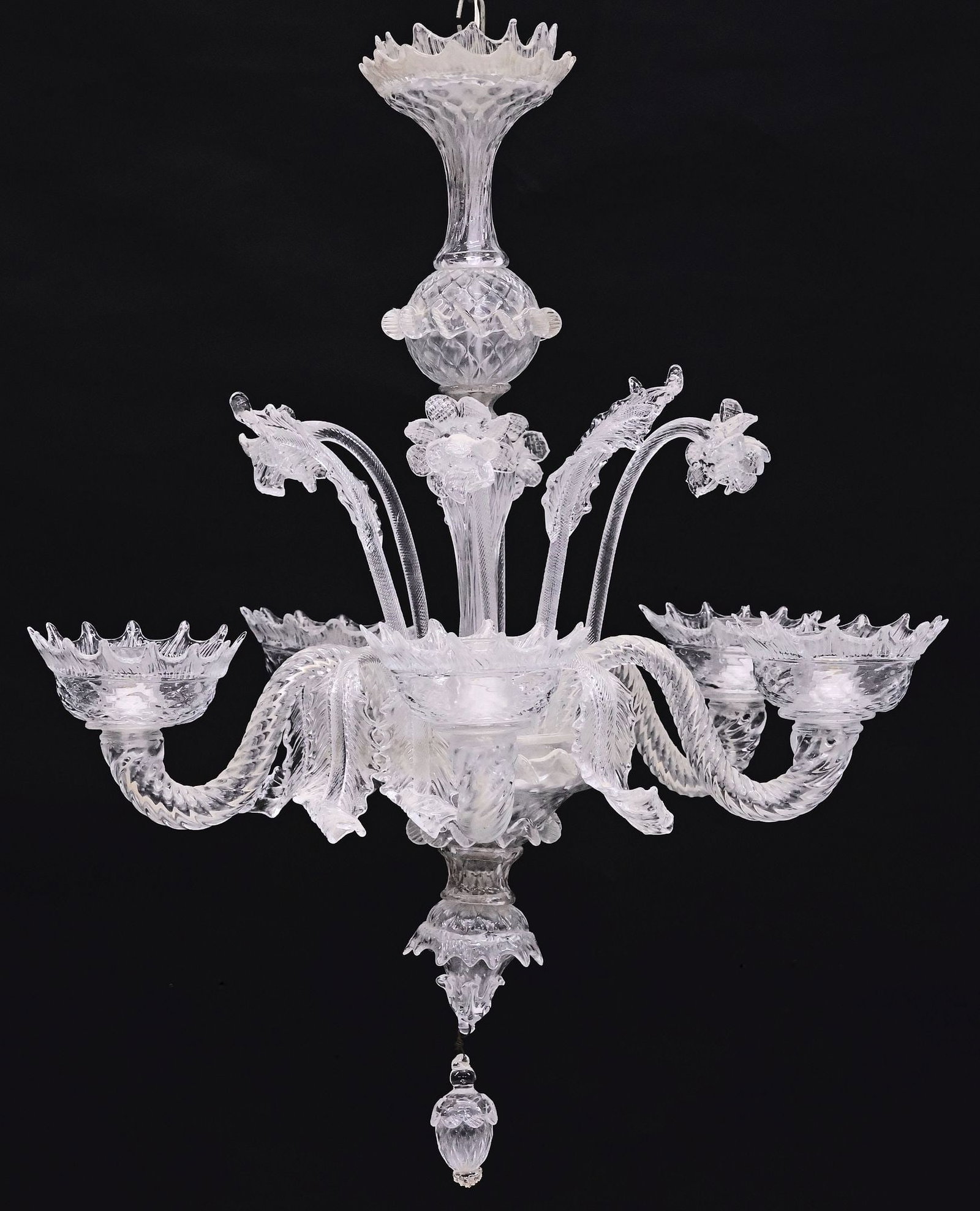ITALIAN MURANO COLORLESS ART GLASS FLORAL 5-LIGHT CHANDELIER (1 of 4)