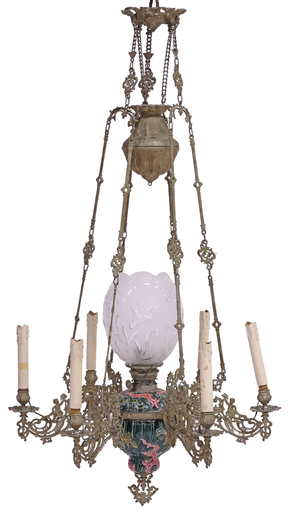 ITALIAN GILT-METAL & MAJOLICA 7-LT ELECTRIFIED OIL LAMP CHANDELIER: Italian gilt-painted metal oil lamp, early 20th c., now electrified as a seven-light chandelier, central tulip-form frosted glass shade with molded florals, over globular majolica standard, issuing pi