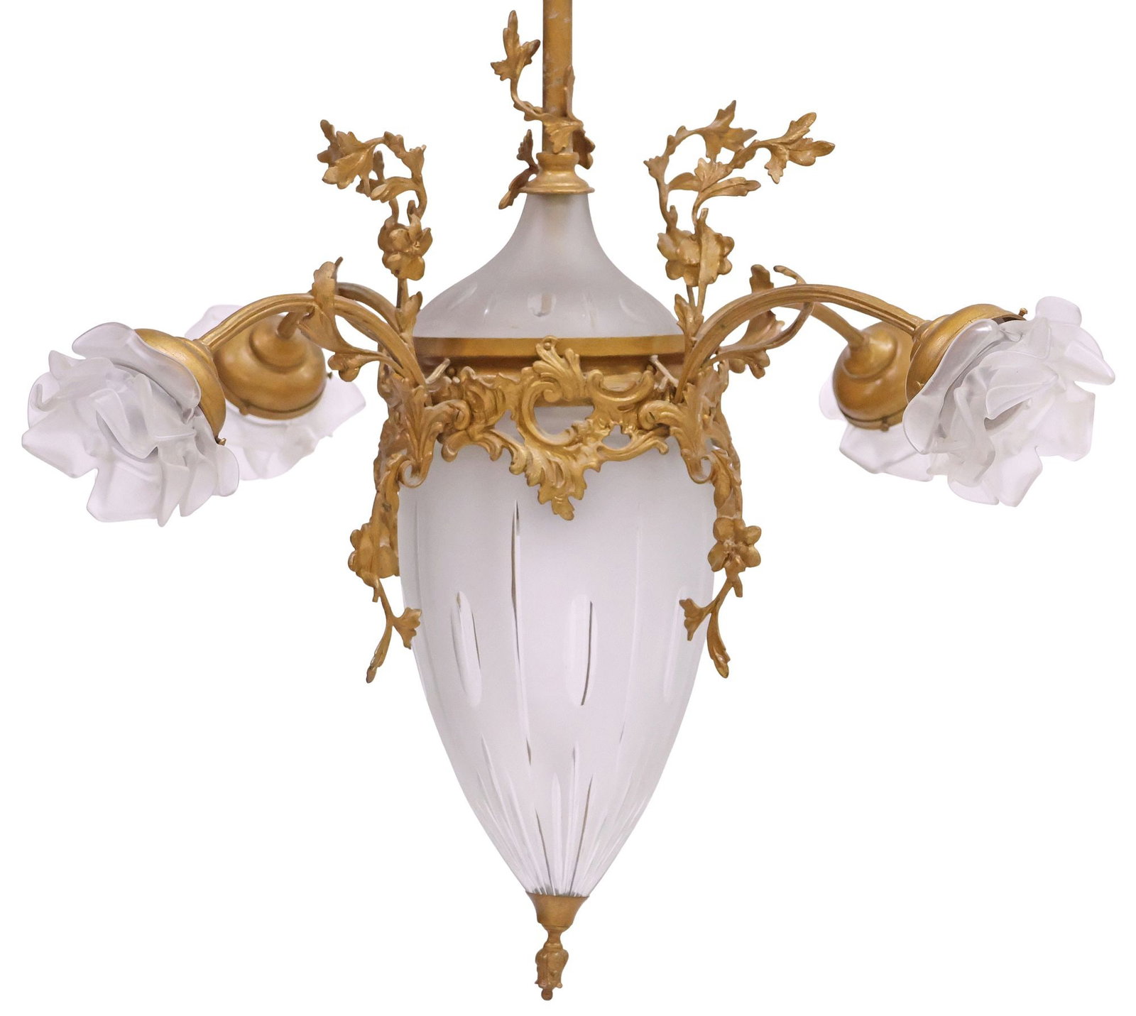 FRENCH BELLE EPOQUE GILT-METAL & FROSTED GLASS 3-LIGHT CHANDELIER (1 of 5)