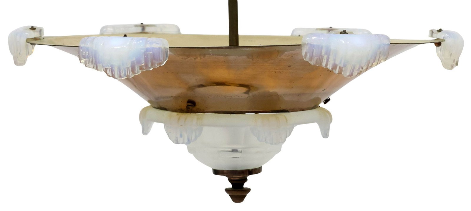 JEAN GAUTHIER FOR EZAN (ATTRIB.) ART DECO METAL & ART GLASS 2-LT CEILING LAMP (1 of 5)