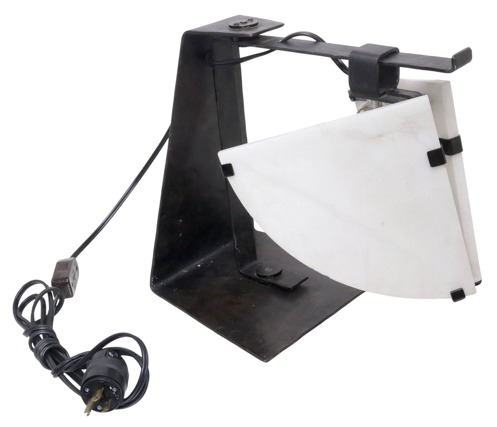 AFTER PIERRE CHAREAU (D.1950) MODERNIST 'POTENCE' ALABASTER & STEEL TABLE LAMP: Modernist alabaster and steel "Potence" single-light table lamp, after the design by Pierre Chareau (French, 1883-1950), adjustable L-shaped swivel arm, fitted with two quadrant-shaped alaba