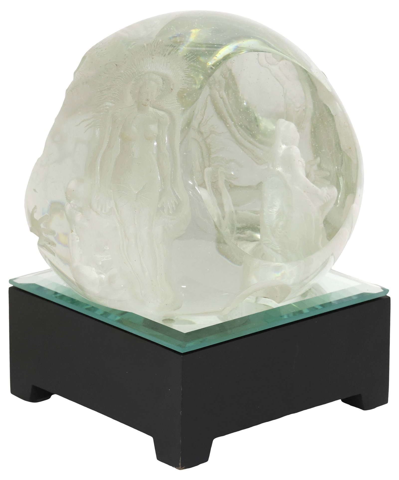 KRISTIAN KLEPSCH (B.1943) SURREALIST STUDIO ART GLASS ORB ON ILLUMINATED BASE: Studio art glass sculpture, initialed KK (Kristian Klepsch, German, b.1943), numbered 48/ 99, dated [19]84, faceted sphere with molded figures and Surrealist-style internal decoration, rising on unass