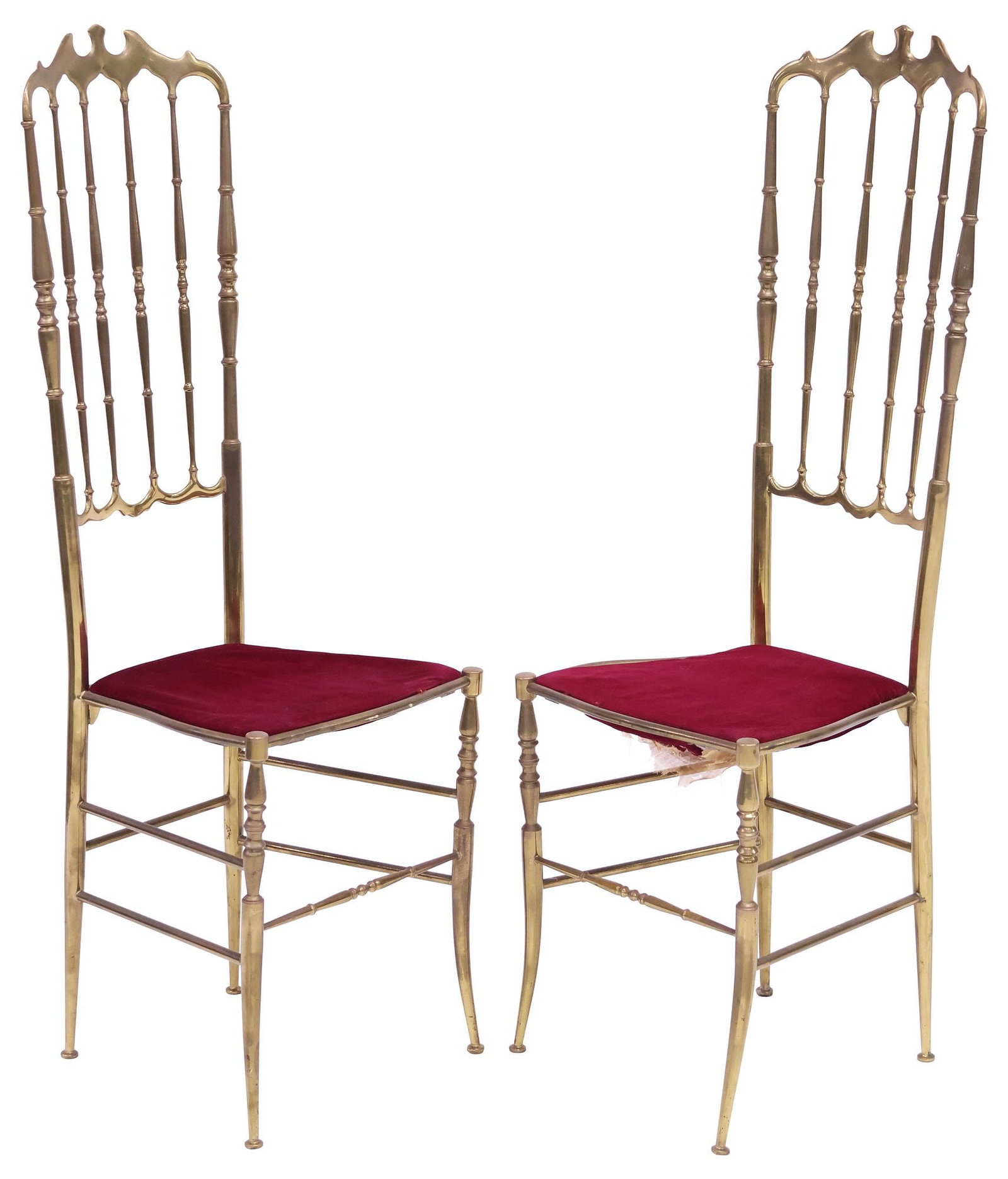(2) ITALIAN CHIAVARI STYLE UPHOLSTERED BRASS SIDE CHAIRS: (pair) Italian Chiavari style brass side chairs, 20th c., each with spindled back, red upholstered seat, on stretcher-joined tapering legs, approx 47"h, 15.25"w, 14.5"d, seat height: approx 18.25"h