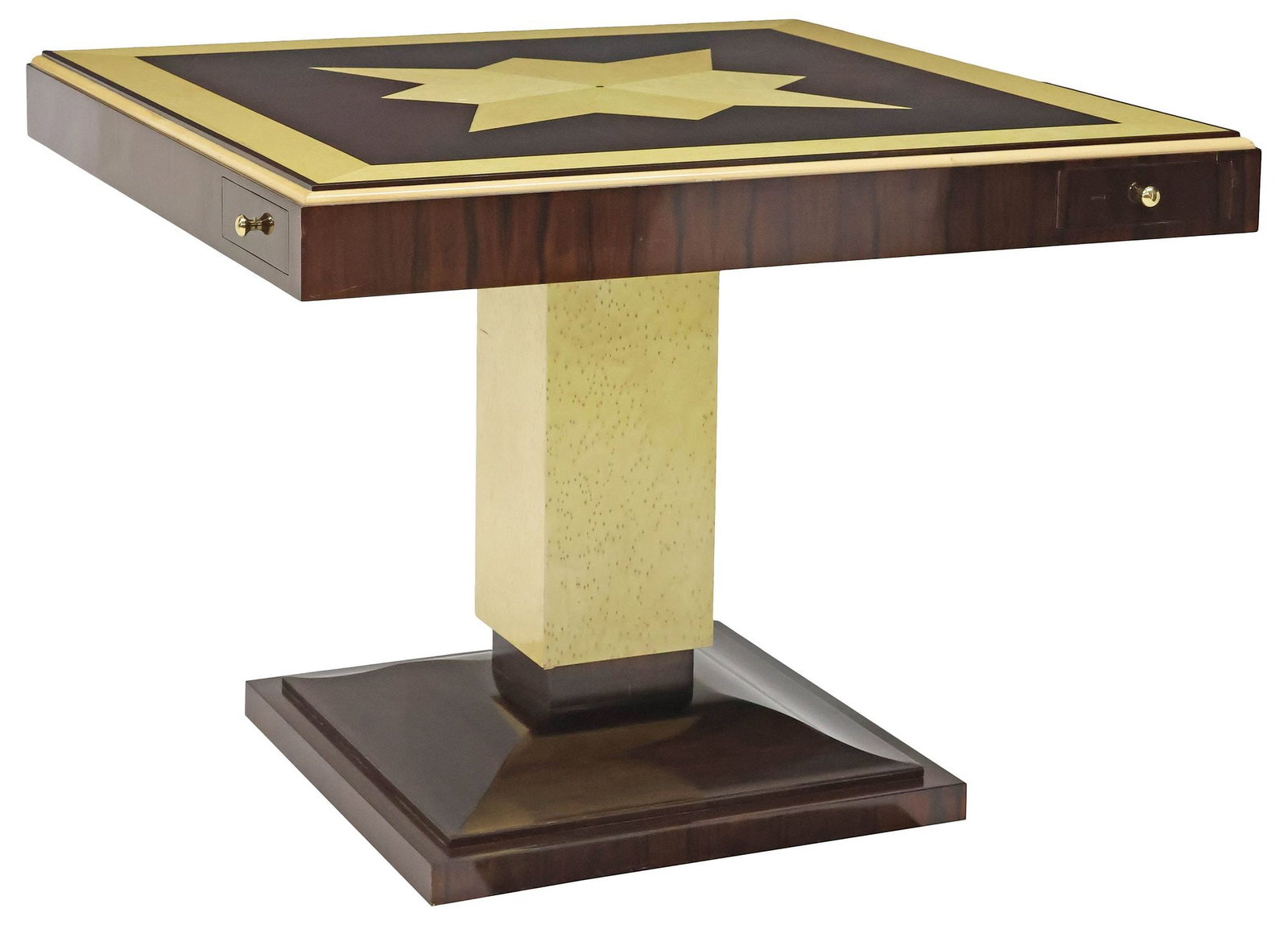 ITALIAN ART DECO STYLE STAR PARQUETRY PEDESTAL / CENTER TABLE: Italian Art Deco style center table, 20th c., square top with star-form parquetry inlay, over four narrow drawers, on rectangular standard and stepped base, approx 30"h, 29.75"w, 29.75"d, bottom of ap
