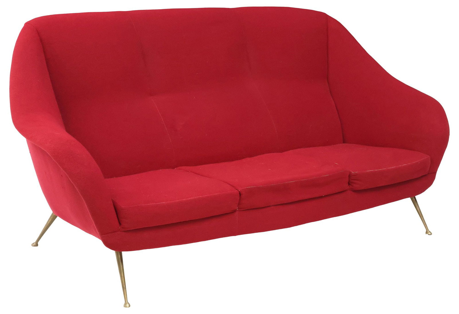 ITALIAN MID-CENTURY MODERN RED-UPHOLSTERED SOFA: Italian mid-century modern sofa, c.1960s, in red fabric upholstery, having rounded back and seat, three seat cushions, on tapering gilt-metal legs, approx 34"h, 72"w, 28"d, seat height: approx 13.5"h