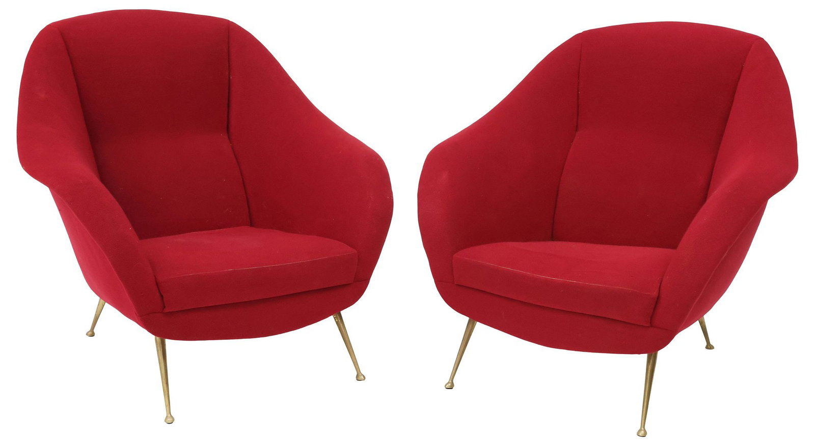 (2) ITALIAN MID-CENTURY MODERN RED-UPHOLSTERED ARMCHAIRS: (pair) Italian mid-century modern lounge chairs, c.1960s, each in red fabric upholstery, having rounded back and seat, on tapering gilt-metal legs, approx 36"h, 35.5"w, 28"d, seat height: approx