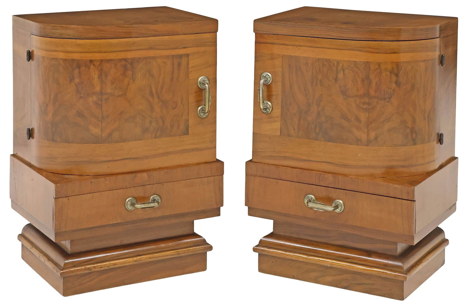 (2) ITALIAN ART DECO FIGURED WALNUT BEDSIDE CABINETS: (pair) Italian Art Deco figured walnut nightstands, c.1930s, shaped top and conforming case with cabinet door, enclosing open interior storage, over squared base fitted with single drawer, approx