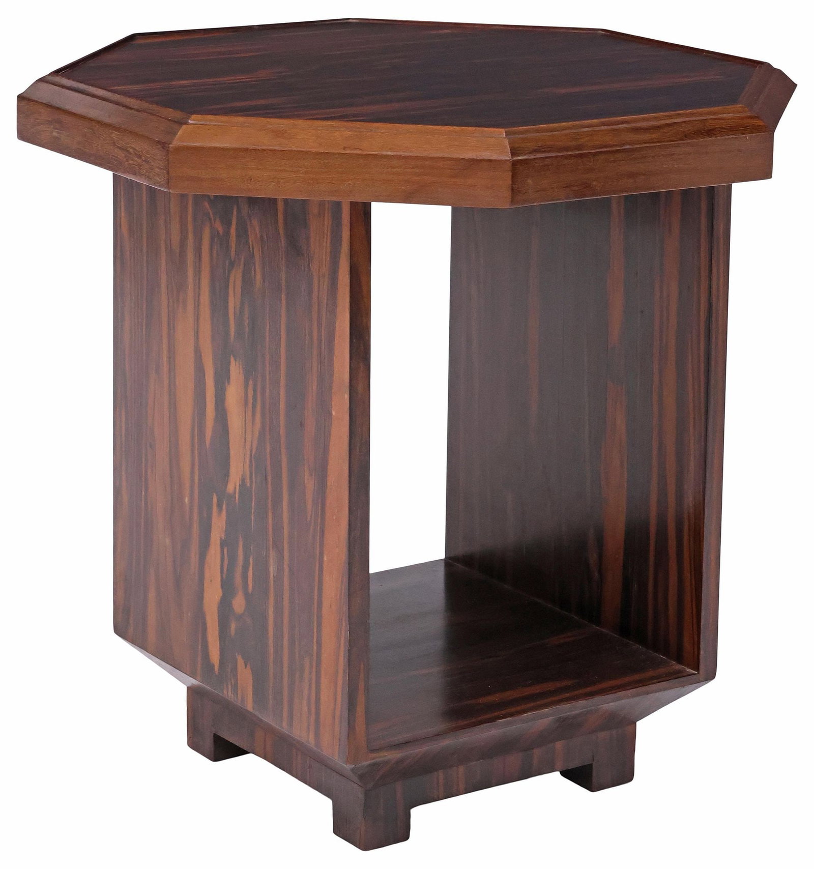 ART DECO PERIOD ROSEWOOD OCTAGONAL SIDE TABLE: Art Deco period rosewood side table c.1930s, having octagonal top with stepped trim, with open platform center on square feet, small mars to one side near trim of tabletop, approx 26"h, 26"w, 26"d