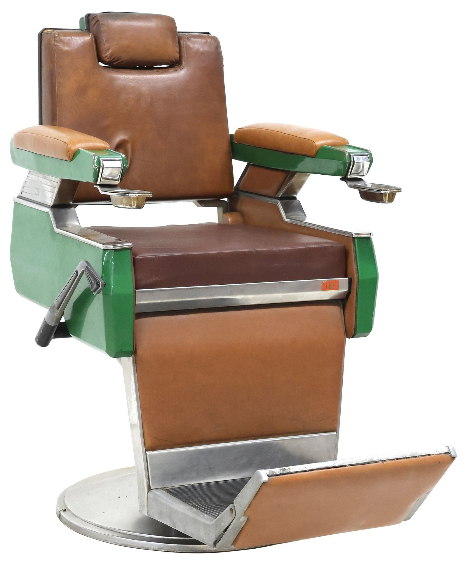 VINTAGE ITALIAN ELETTRA 220M LUX UPHOLSTERED STEEL BARBER CHAIR: Italian barber's chair, Elettra, c.1970s, model 220M Lux, padded back, seat, and arms in a faux leather upholstery, equipped with adjustable headrest, steel frame in a green enameled finish, arms