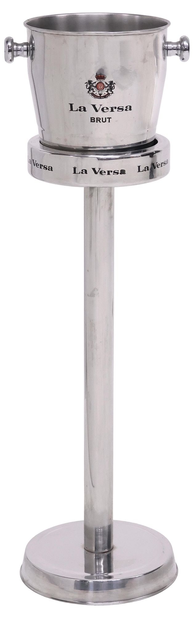 ITALIAN LA VERSA STAINLESS STEEL CHAMPAGNE ICE BUCKET ON STAND: Italian stainless steel champagne cooler/ ice bucket on stand, La Versa, 20th c., bucket with dual knopped handles, on cylindrical stand, each with manufacturer's logo, bucket: approx 8"h, 10"w, 8.25"