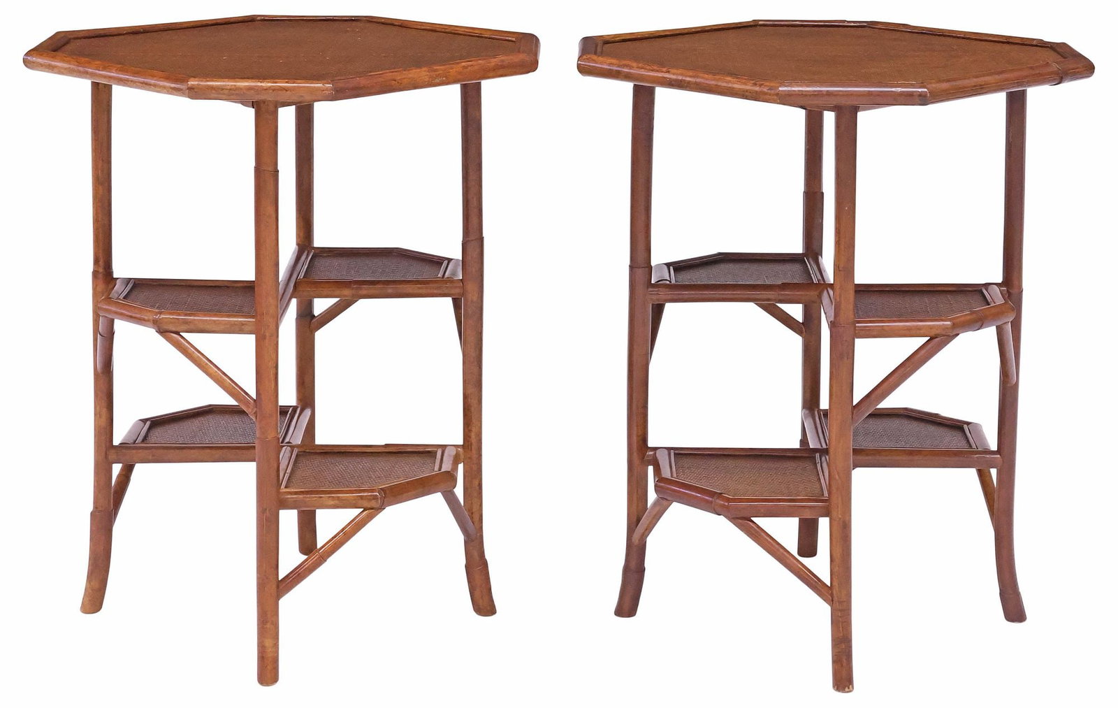 (2) VINTAGE BAMBOO & WOVEN RATTAN TIERED SIDE TABLES (1 of 4)