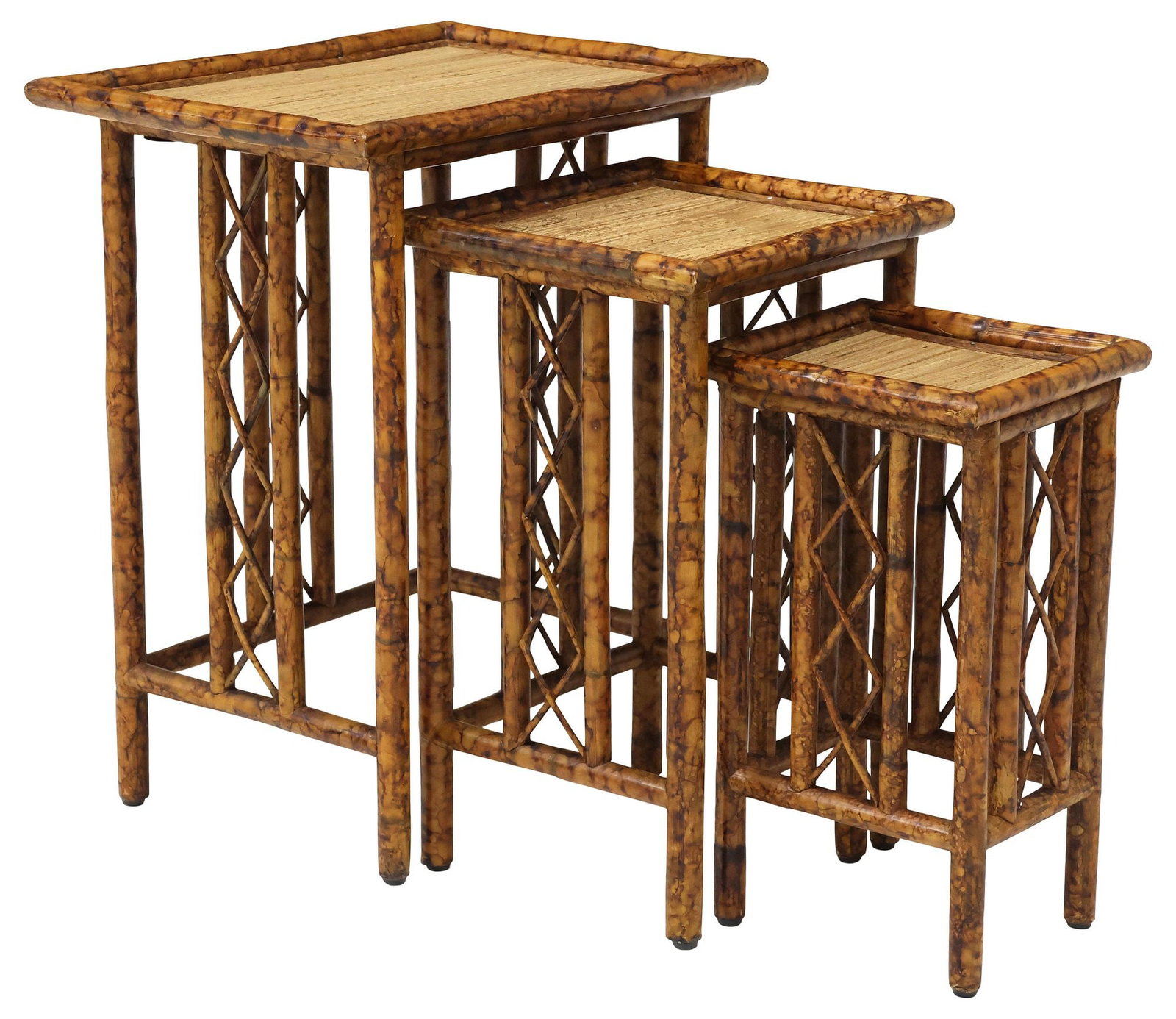 (3) AESTHETIC MOVEMENT BAMBOO & RATTAN NESTING TABLES: (lot of 3) Aesthetic Movement bamboo nesting tables, early 20th c., each having woven rattan top, rising on stretcher-joined columnar supports, largest: approx 24.5"h, 20"w, 14.75"d, sm