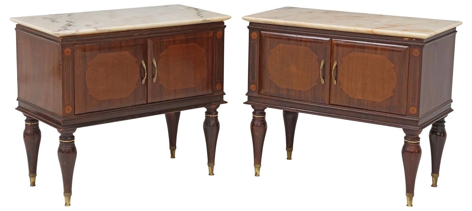 (2) ITALIAN MID-CENTURY MODERN MARBLE-TOP INLAID MAHOGANY BEDSIDE CABINETS (1 of 5)